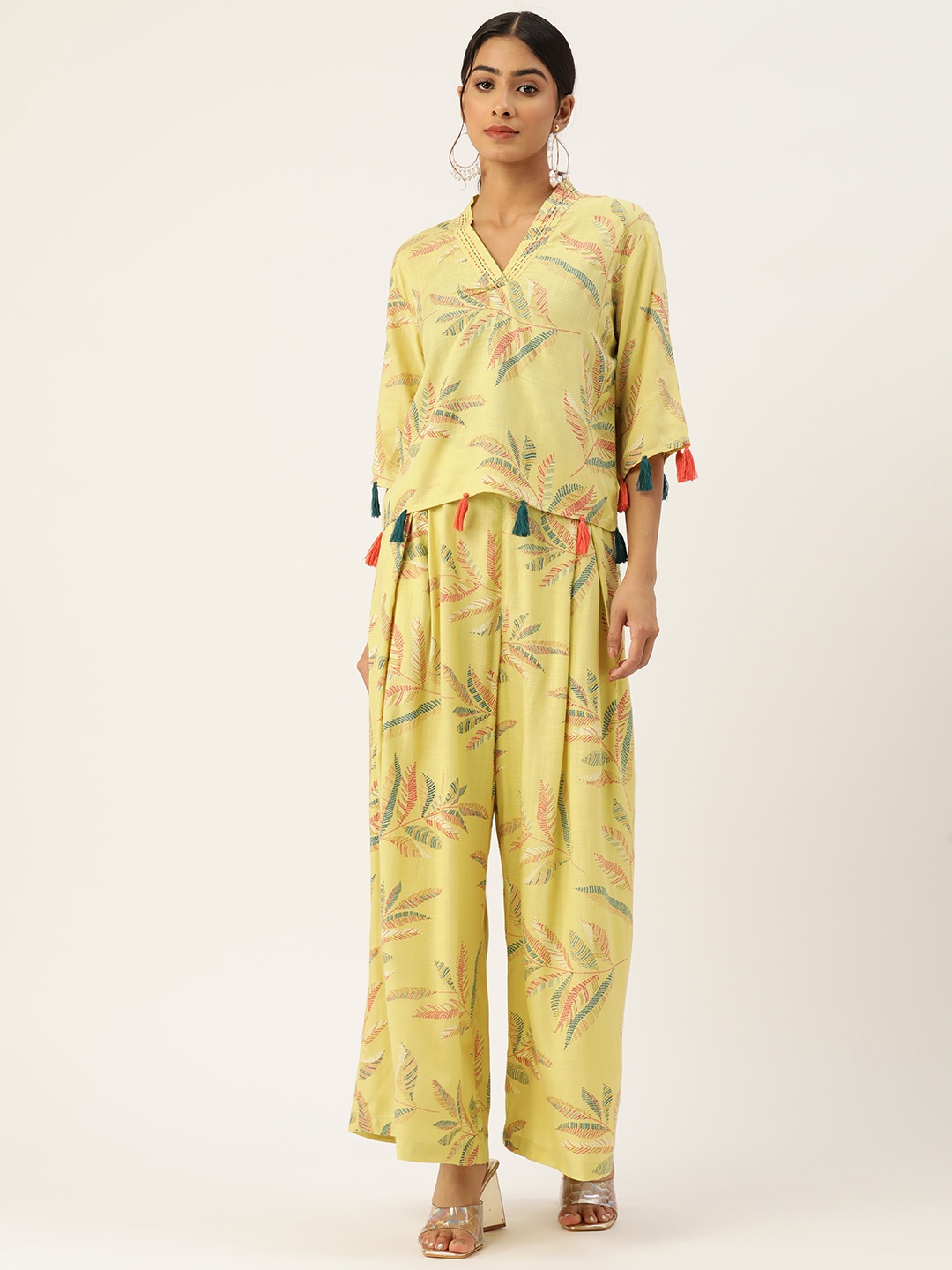

MISRI Floral Printed Co-Ords With Kantha Work Detail, Yellow