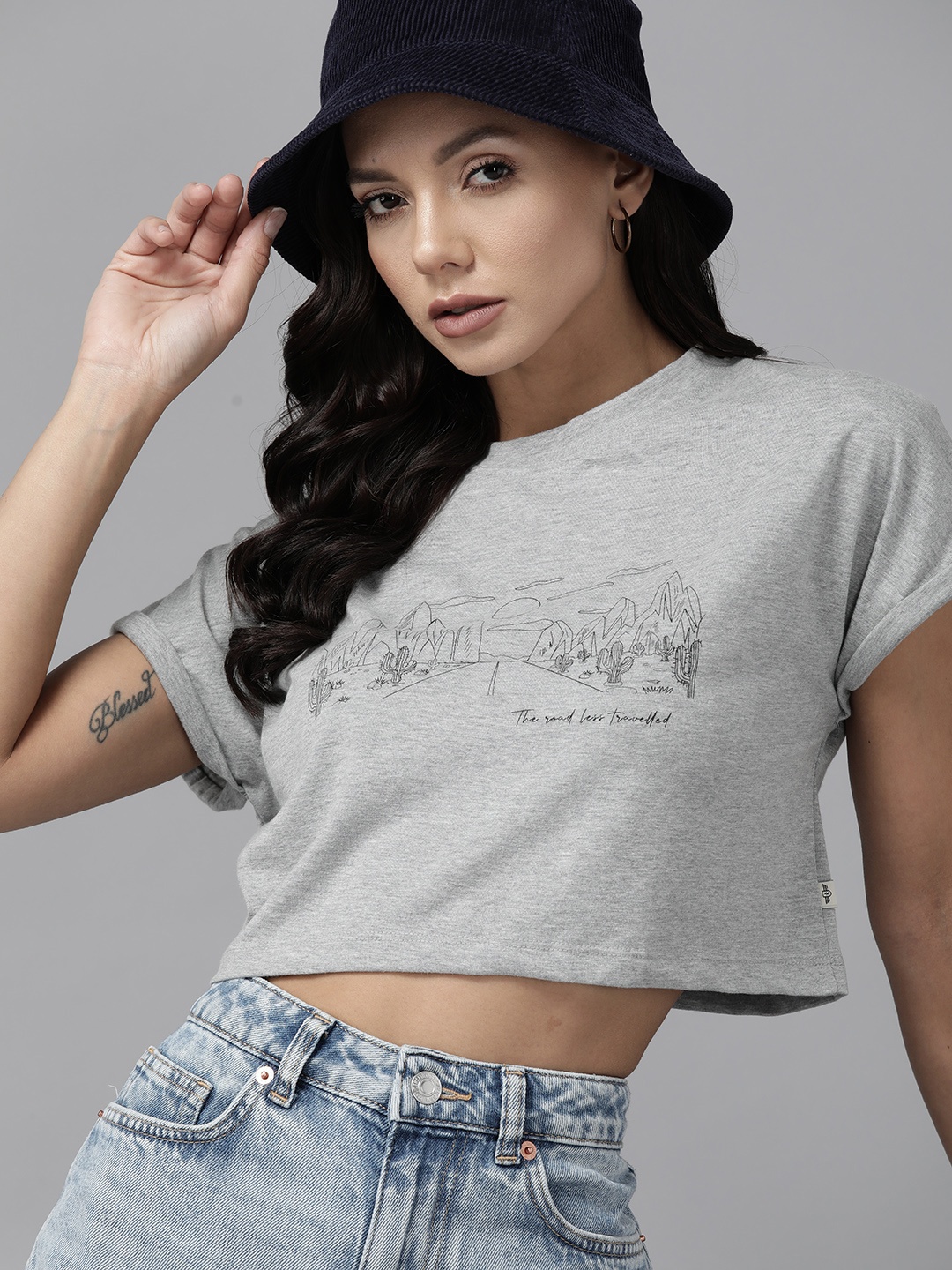 

Roadster Printed Crop Top, Grey