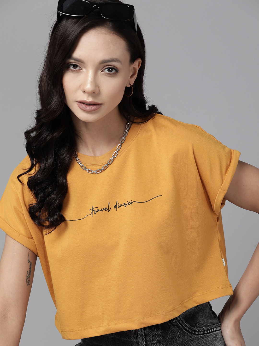 

Roadster Typography Printed Boxy Crop Top, Yellow