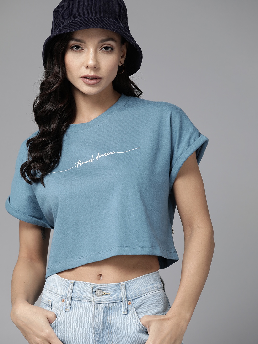 

Roadster Typography Printed Boxy Crop Top, Blue
