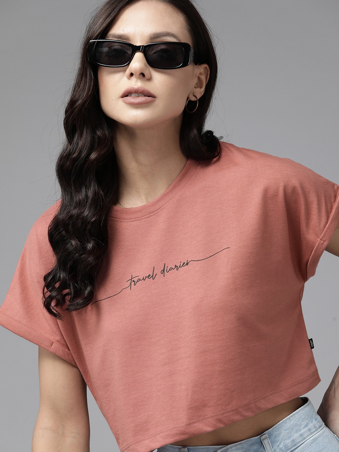 

Roadster Typography Printed Boxy Crop Top, Rose