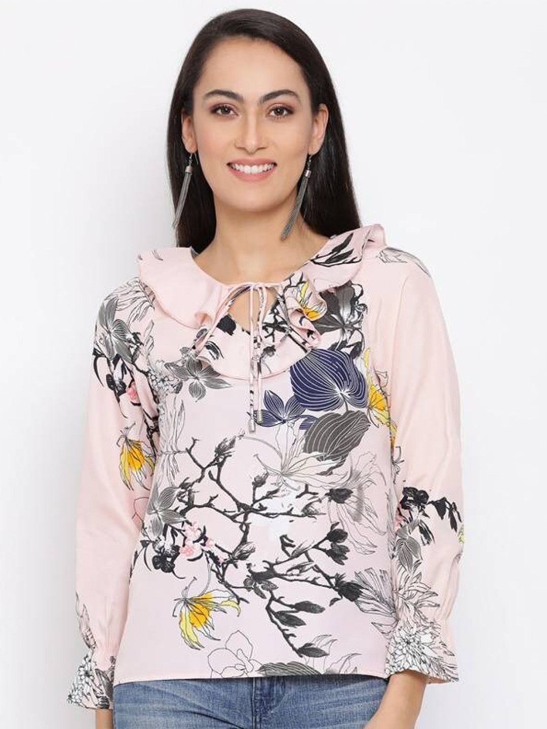 

ALL WAYS YOU Floral Printed Tie-Up Neck Regular Top, Pink