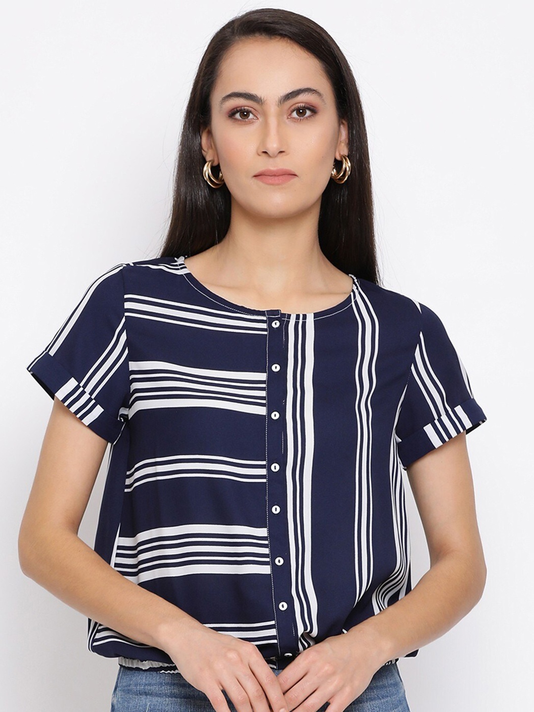 

ALL WAYS YOU Vertical Striped Round Neck Top, Navy blue