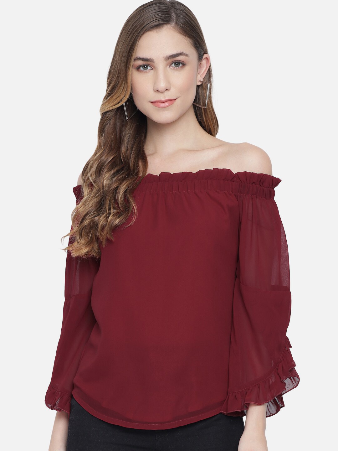 

ALL WAYS YOU Off-Shoulder Ruffled Regular Top, Maroon