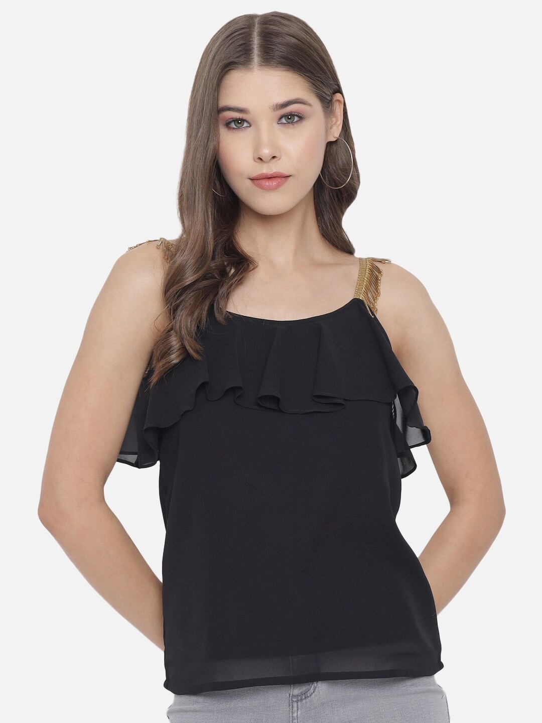 

ALL WAYS YOU Embellished Shoulder Strap Ruffles Detail Regular Top, Black