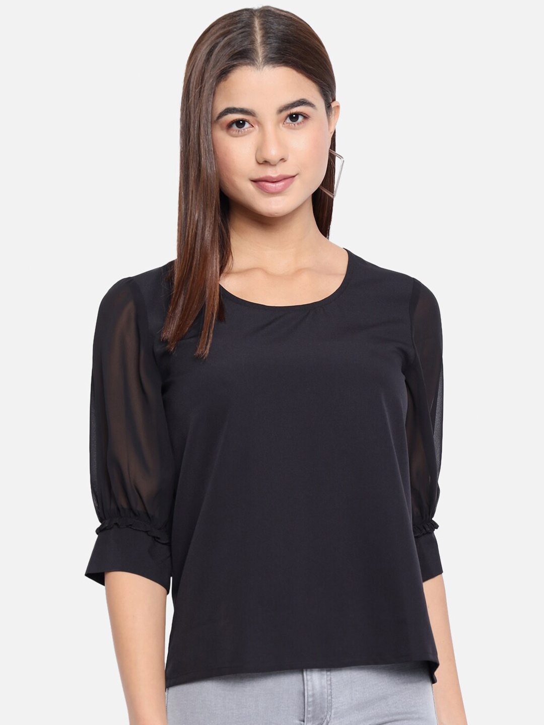 

ALL WAYS YOU Cuffed Sleeves Regular Top, Black