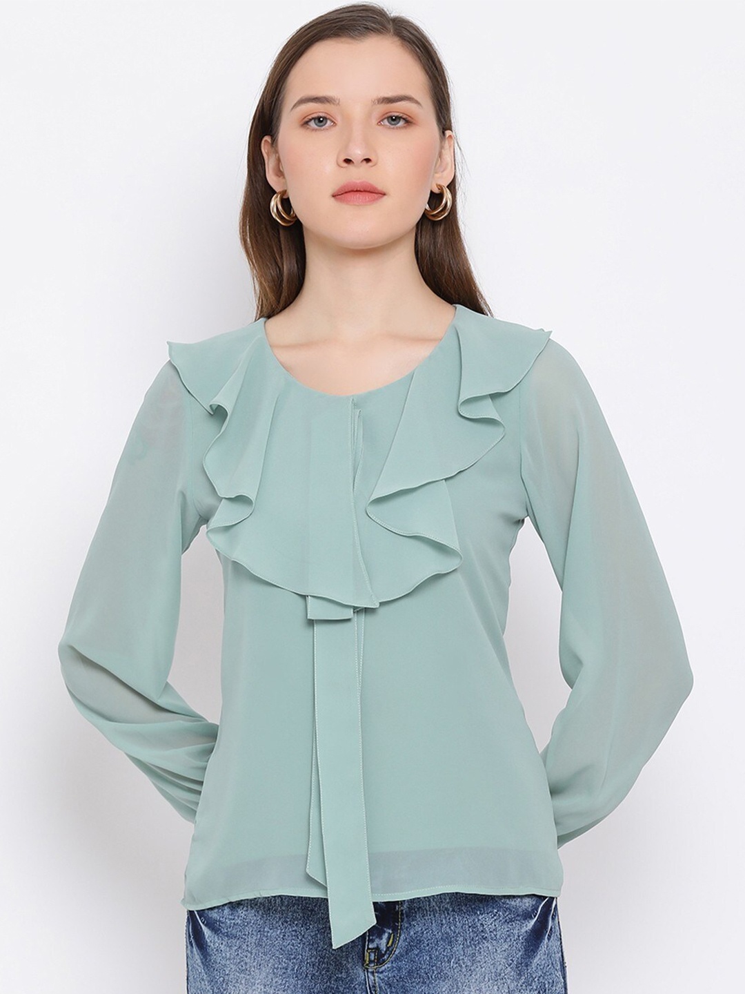 

ALL WAYS YOU Round Neck Ruffled Top, Green