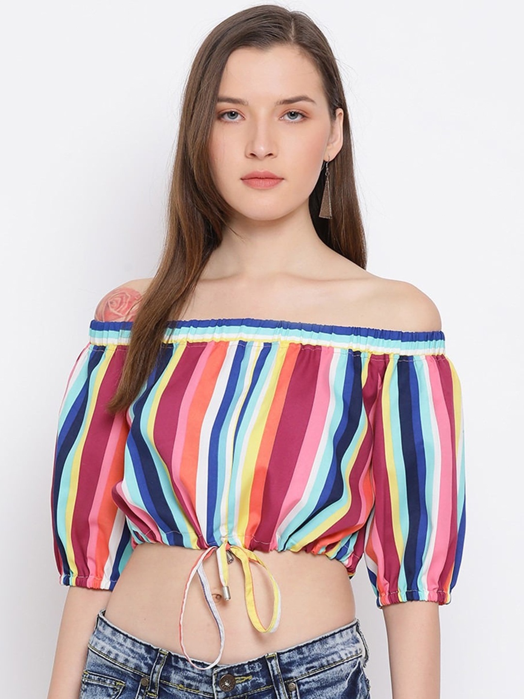 

ALL WAYS YOU Vertical Striped Off-Shoulder Puff Sleeve Bardot Crop Top, Pink