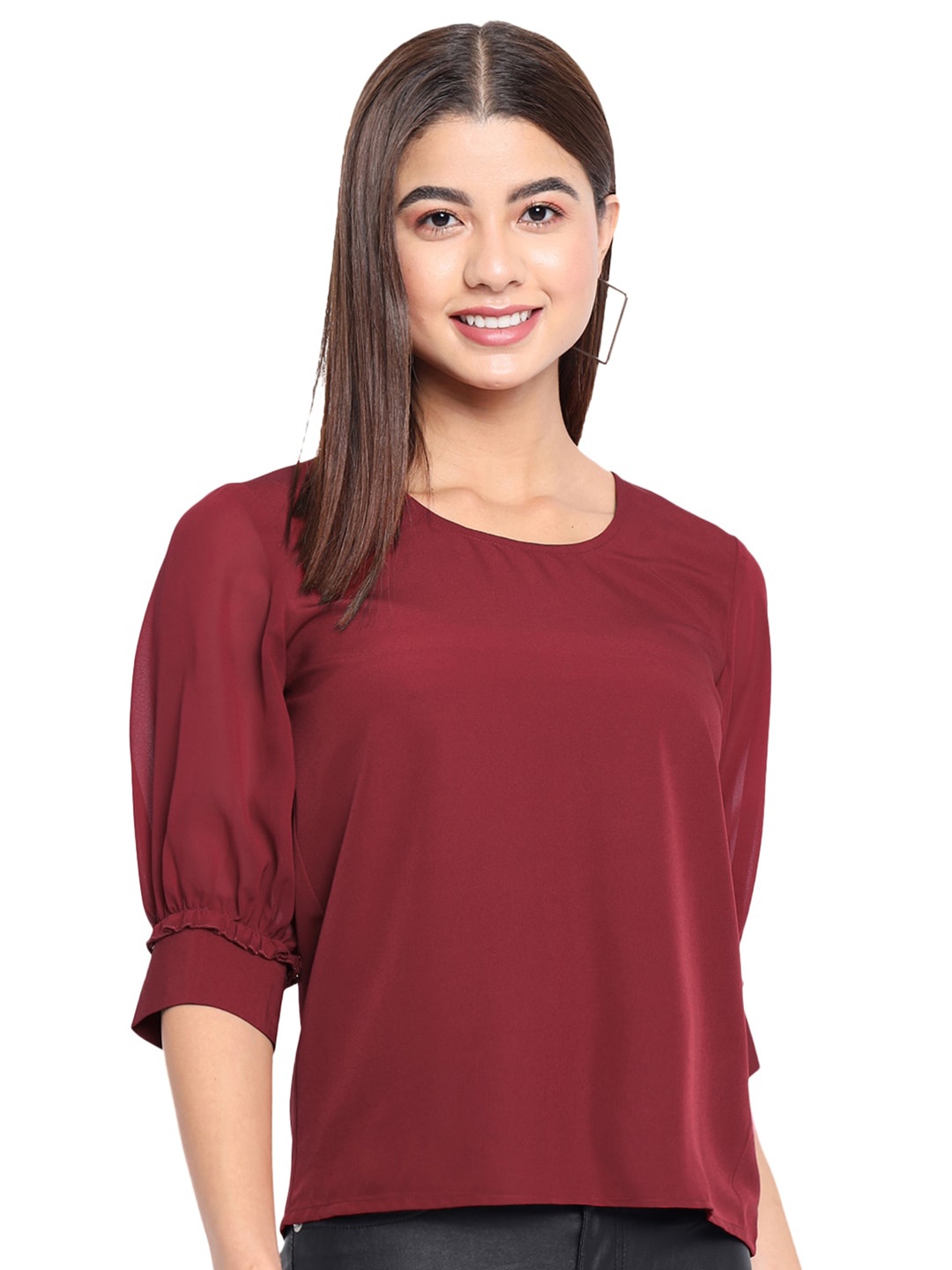 

ALL WAYS YOU Round Neck Puff Sleeves Top, Maroon