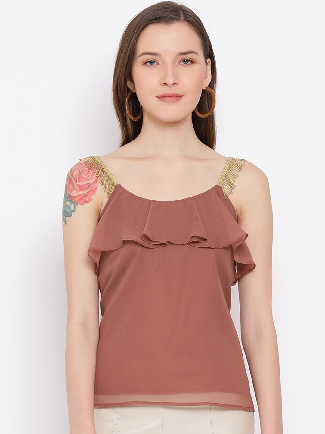 

ALL WAYS YOU Embellished Shoulder Strap Ruffles Detail Regular Top, Brown