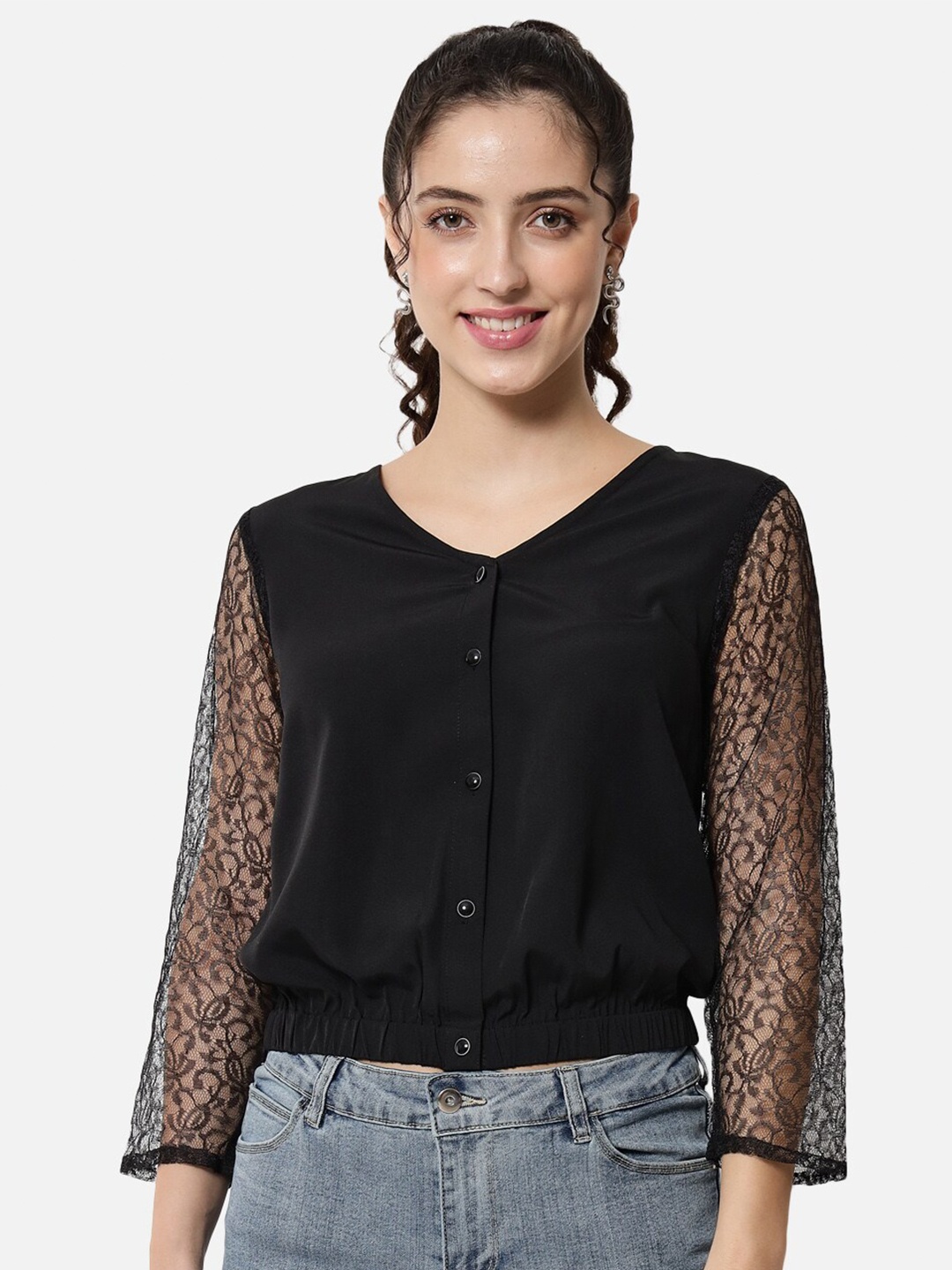 

ALL WAYS YOU V-Neck Crepe Blouson Top, Black