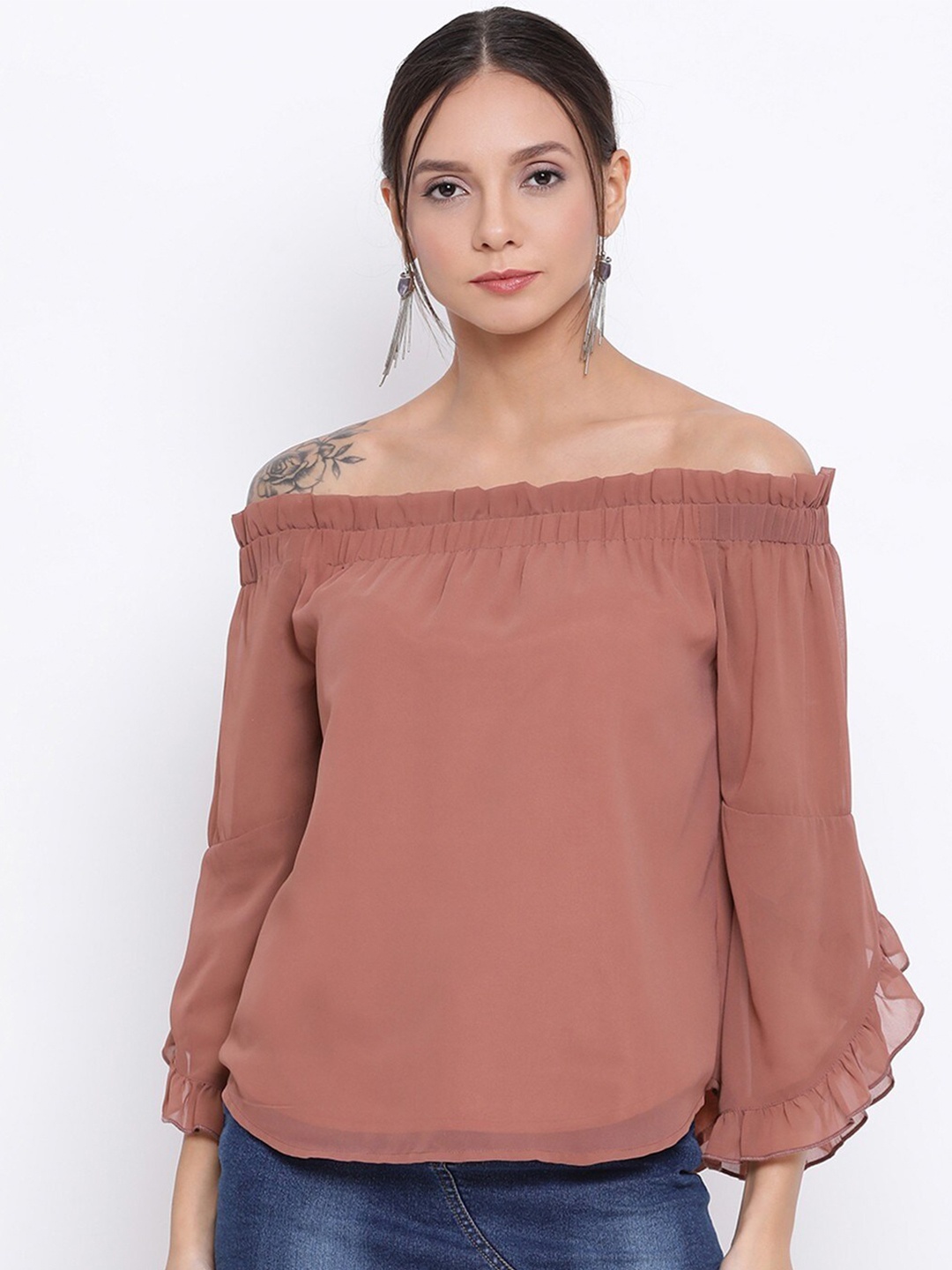 

ALL WAYS YOU Off-Shoulder Ruffled Regular Top, Brown