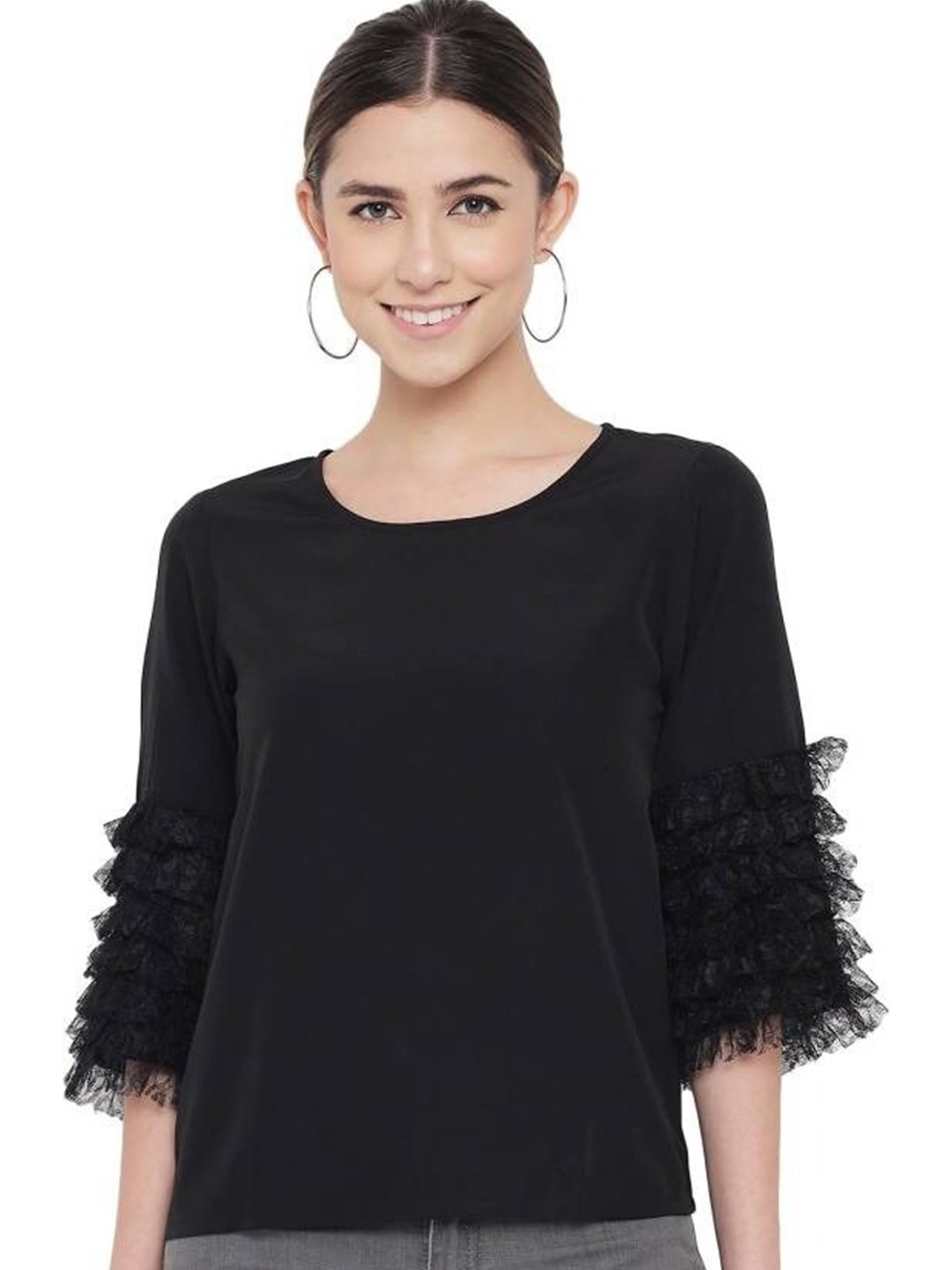

ALL WAYS YOU Bell Sleeves Ruffles Regular Top, Black
