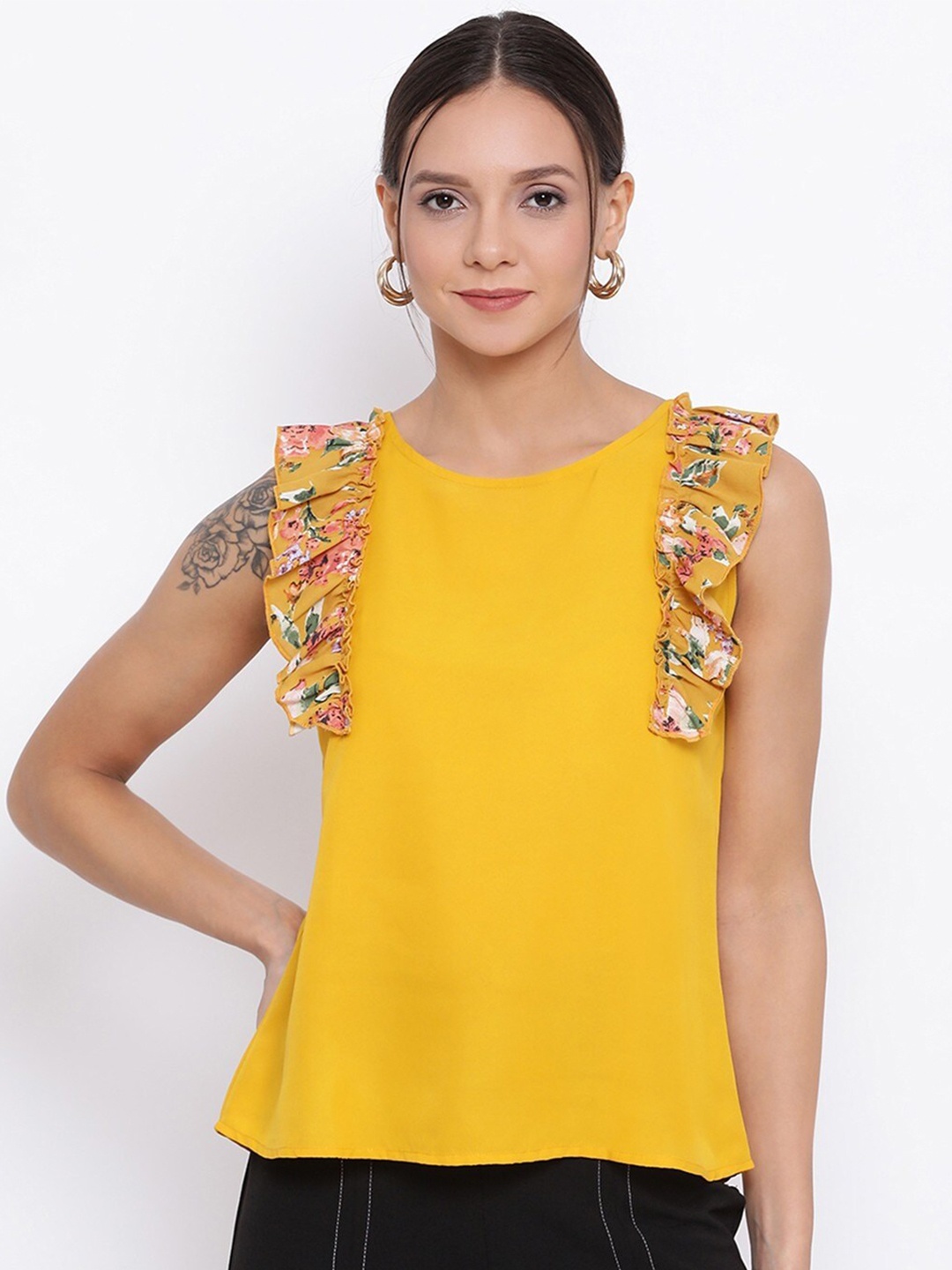 

ALL WAYS YOU Round Neck Ruffles Crepe Top, Yellow