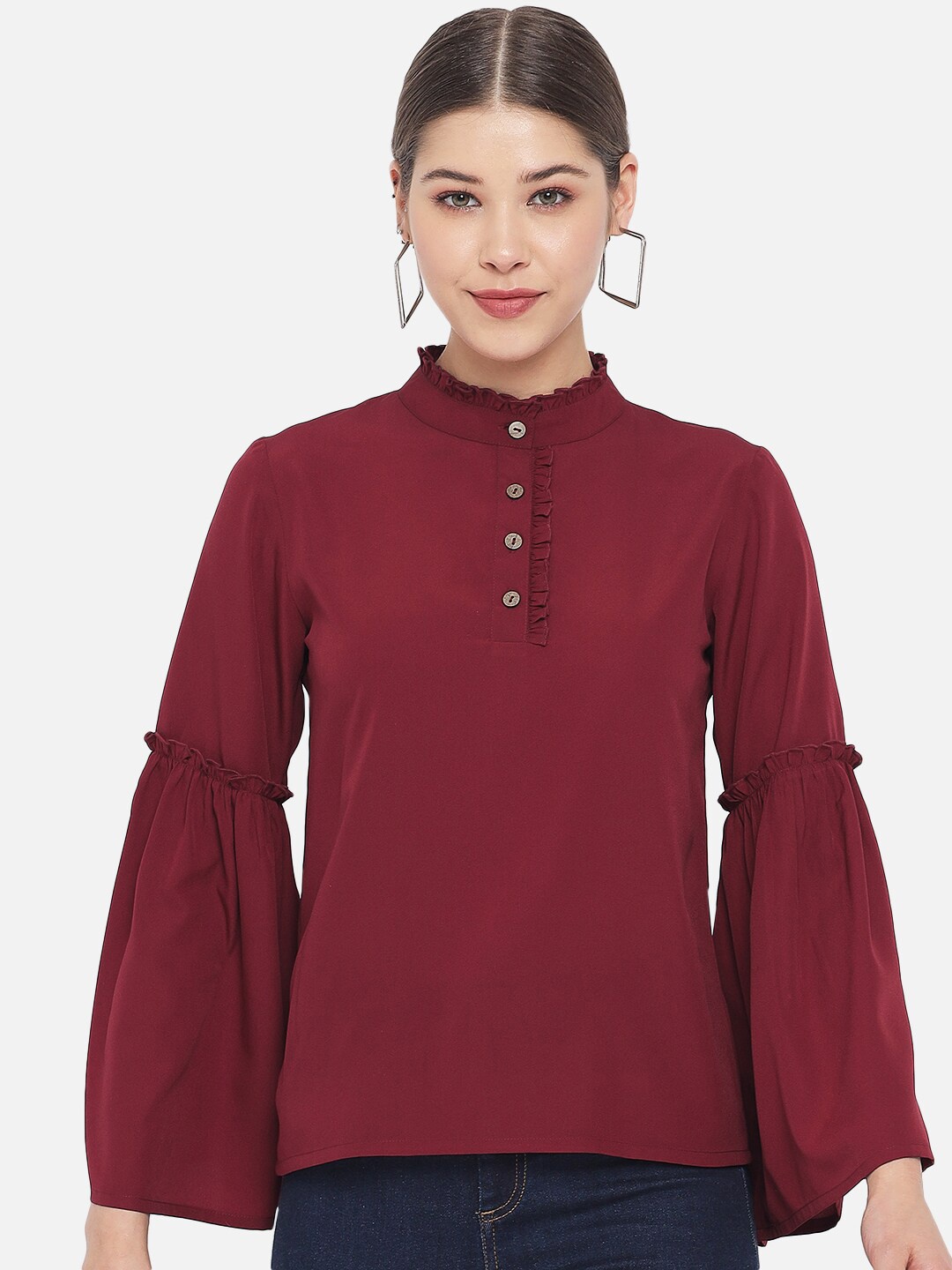 

ALL WAYS YOU Mandarin Collar Bell Sleeve Crepe Top, Maroon