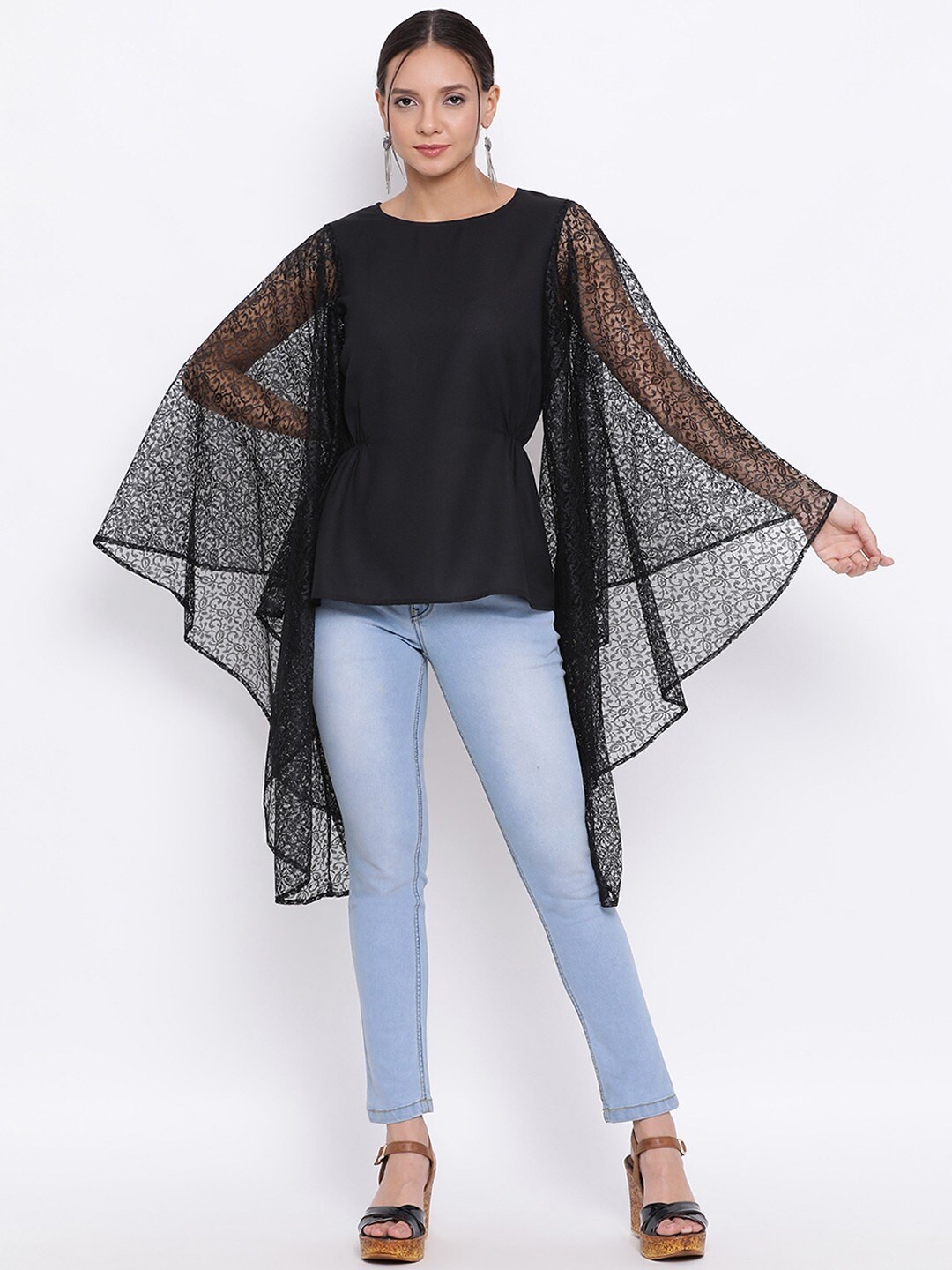 

ALL WAYS YOU Round Neck Net Long Flared Sleeve Crepe Regular Top, Black