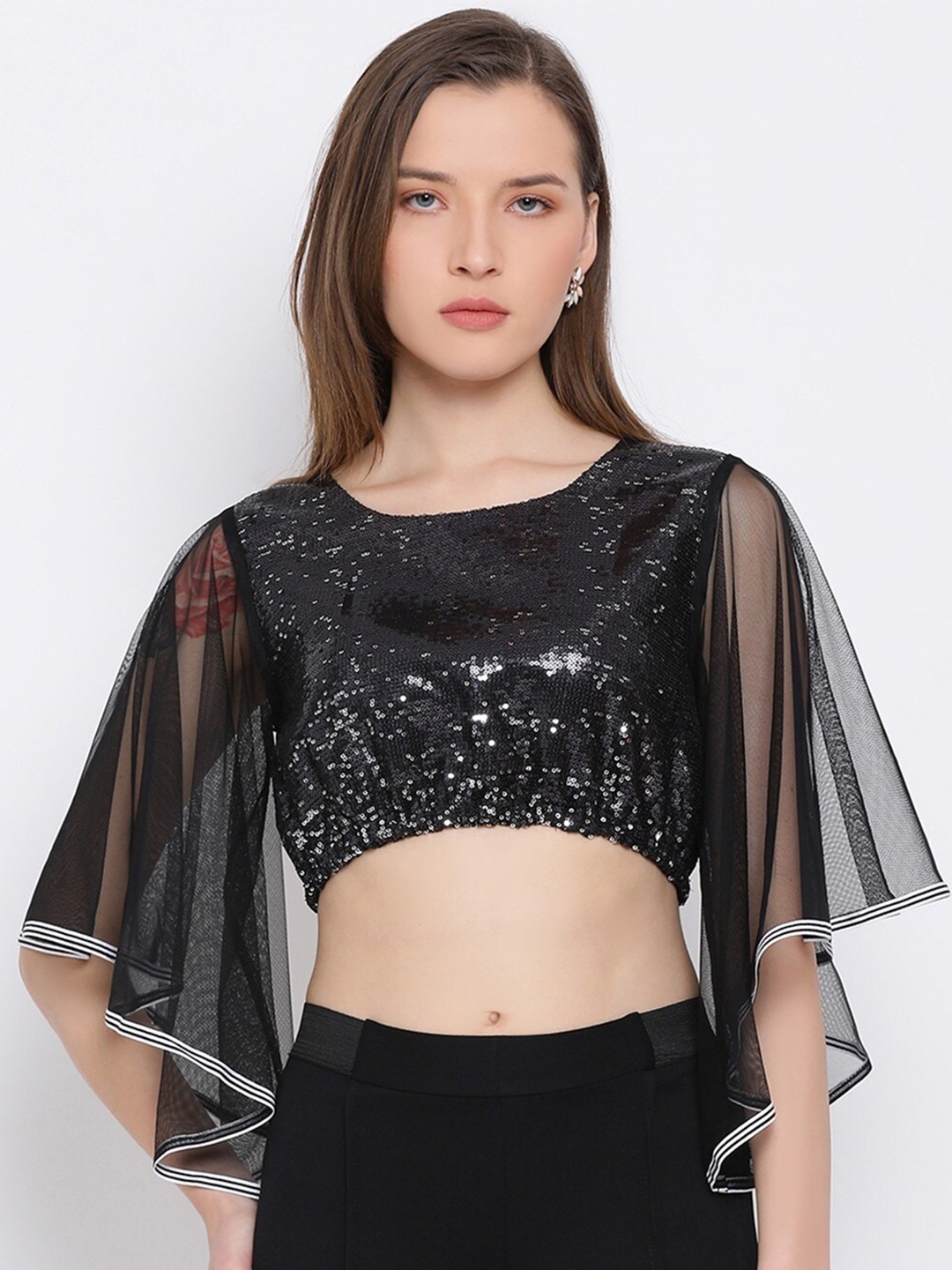 

ALL WAYS YOU Embellished FLared Sleeve Crop Top, Black