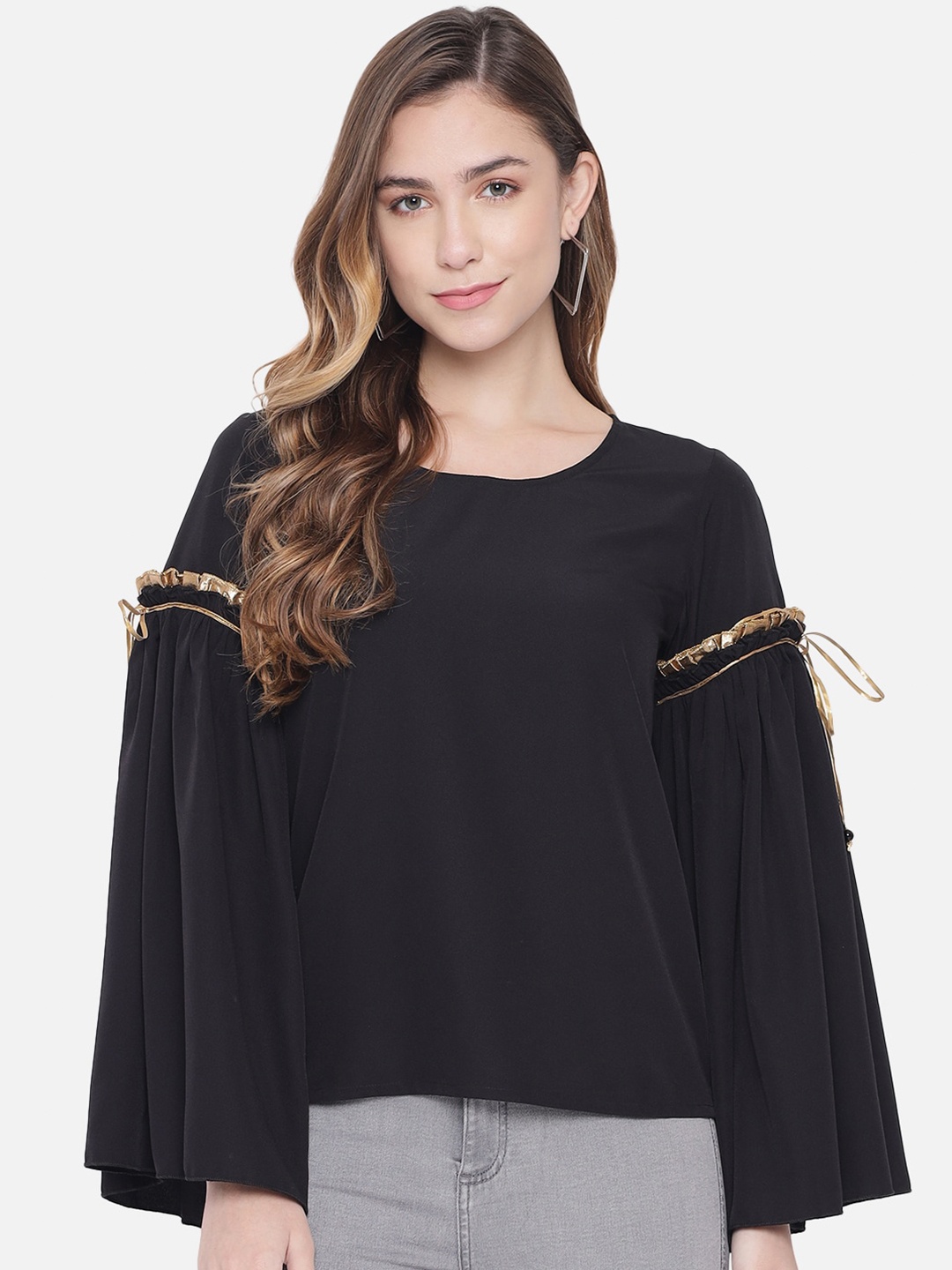 

ALL WAYS YOU Round Neck Bell Sleeve Lace Inserts Top, Black