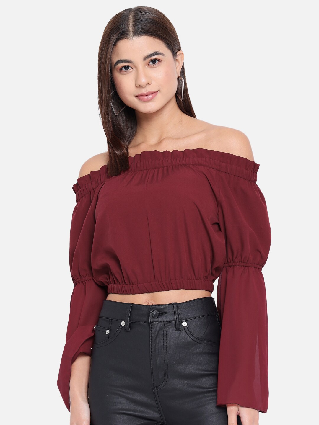 

ALL WAYS YOU Off-Shoulder Bell Sleeve Crepe Bardot Crop Top, Maroon