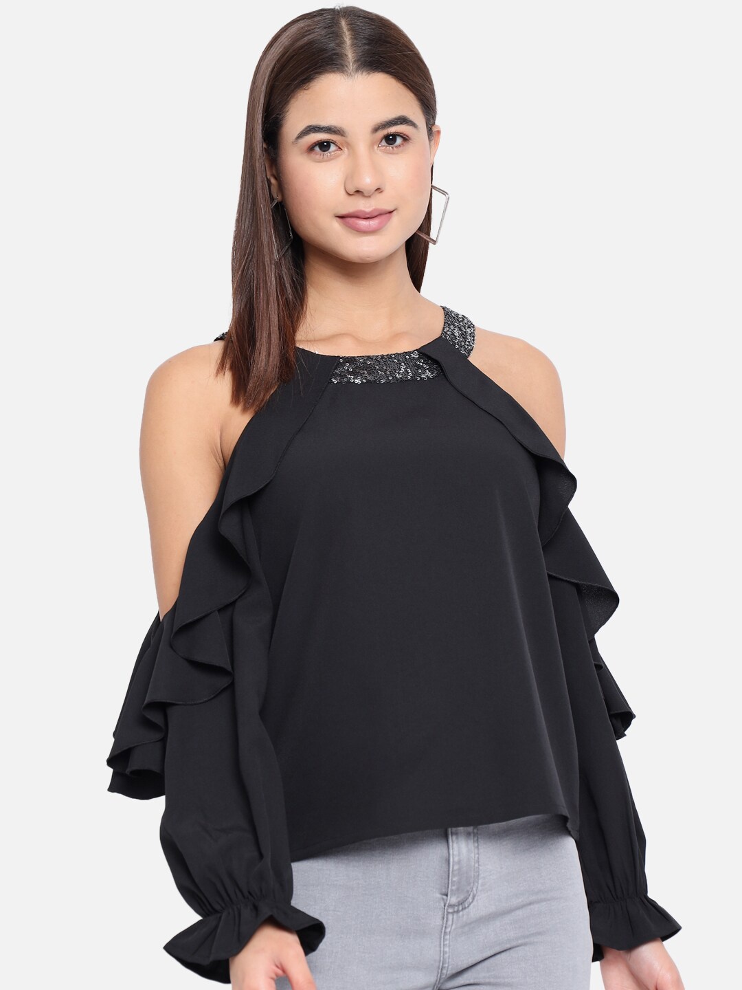 

ALL WAYS YOU Cold-Shoulder Sequined Detail Regular Top, Black