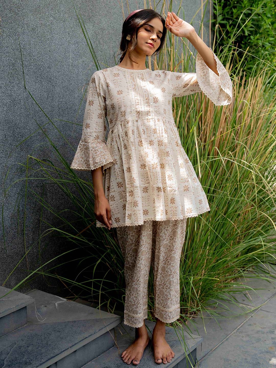 

KALINI Floral Printed Pure Cotton Tunic With Trousers, Beige