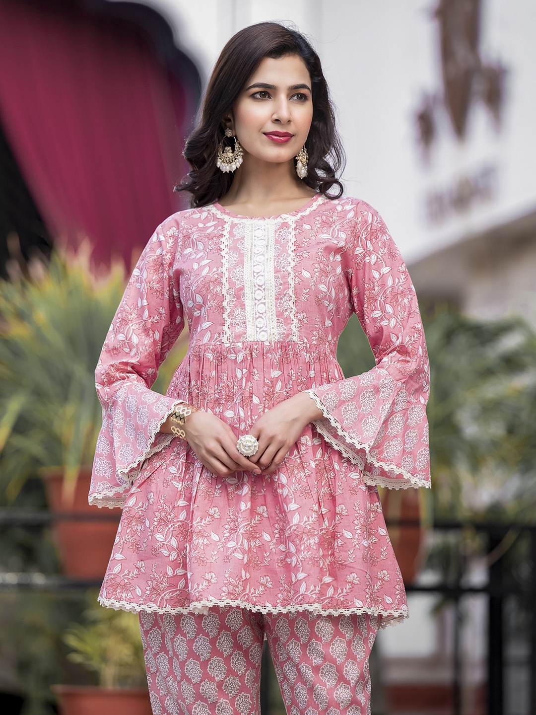 

KALINI Floral Printed Pure Cotton Tunic With Trouser, Pink