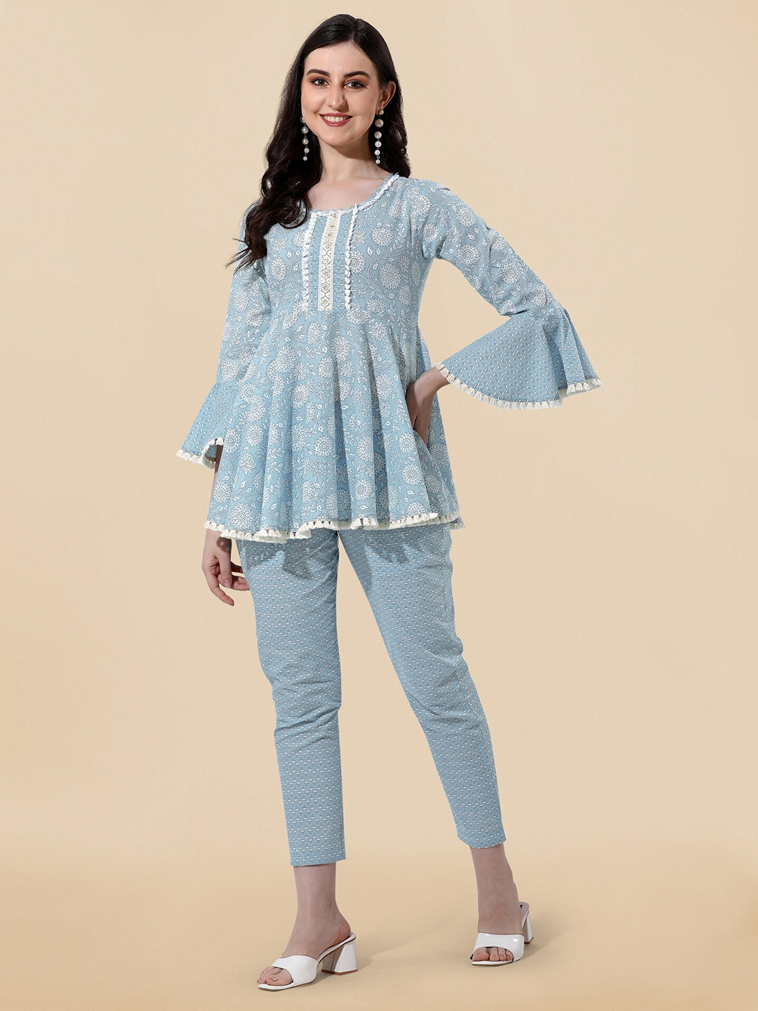 

KALINI Printed Bell Sleeves Pure Cotton Tunic With Trousers, Blue