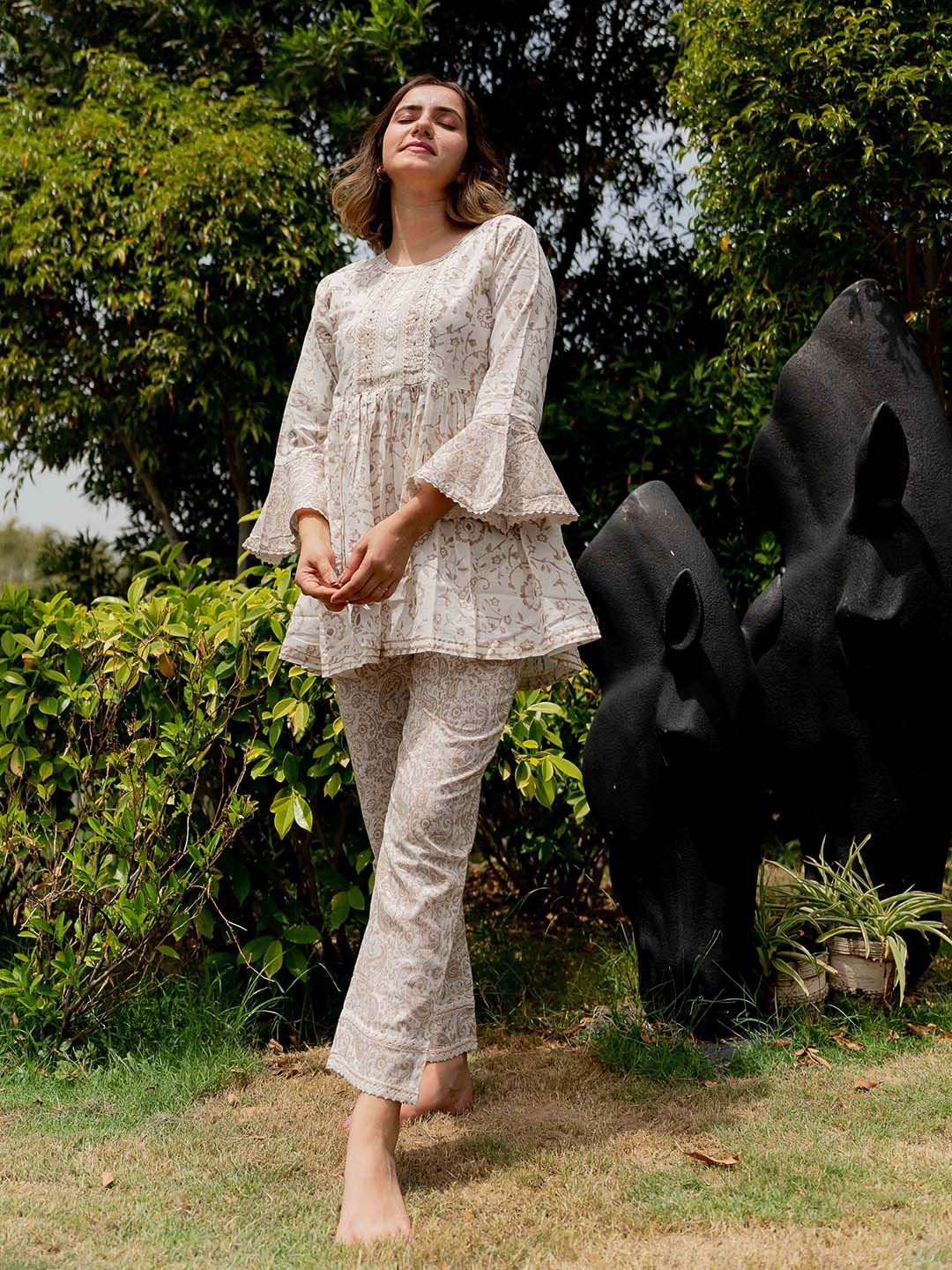 

KALINI Floral Printed Pure Cotton Tunic With Trouser, Off white