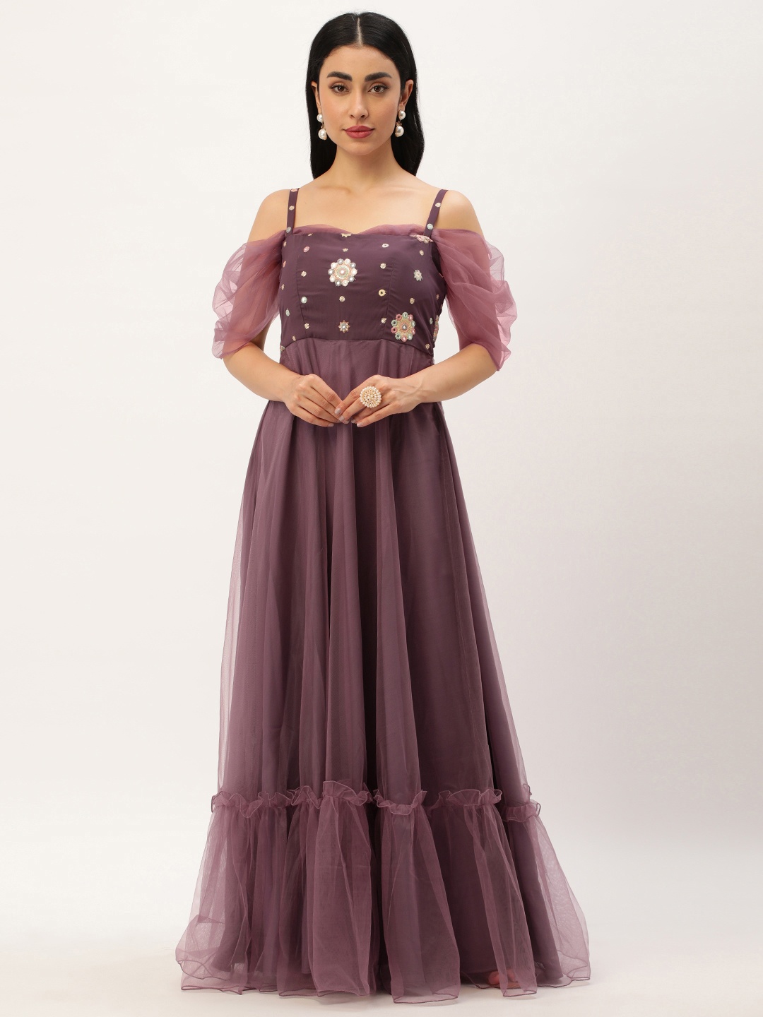 

Ethnovog Floral Embroidered Cold-Shoulder Net Maxi Gown, Brown