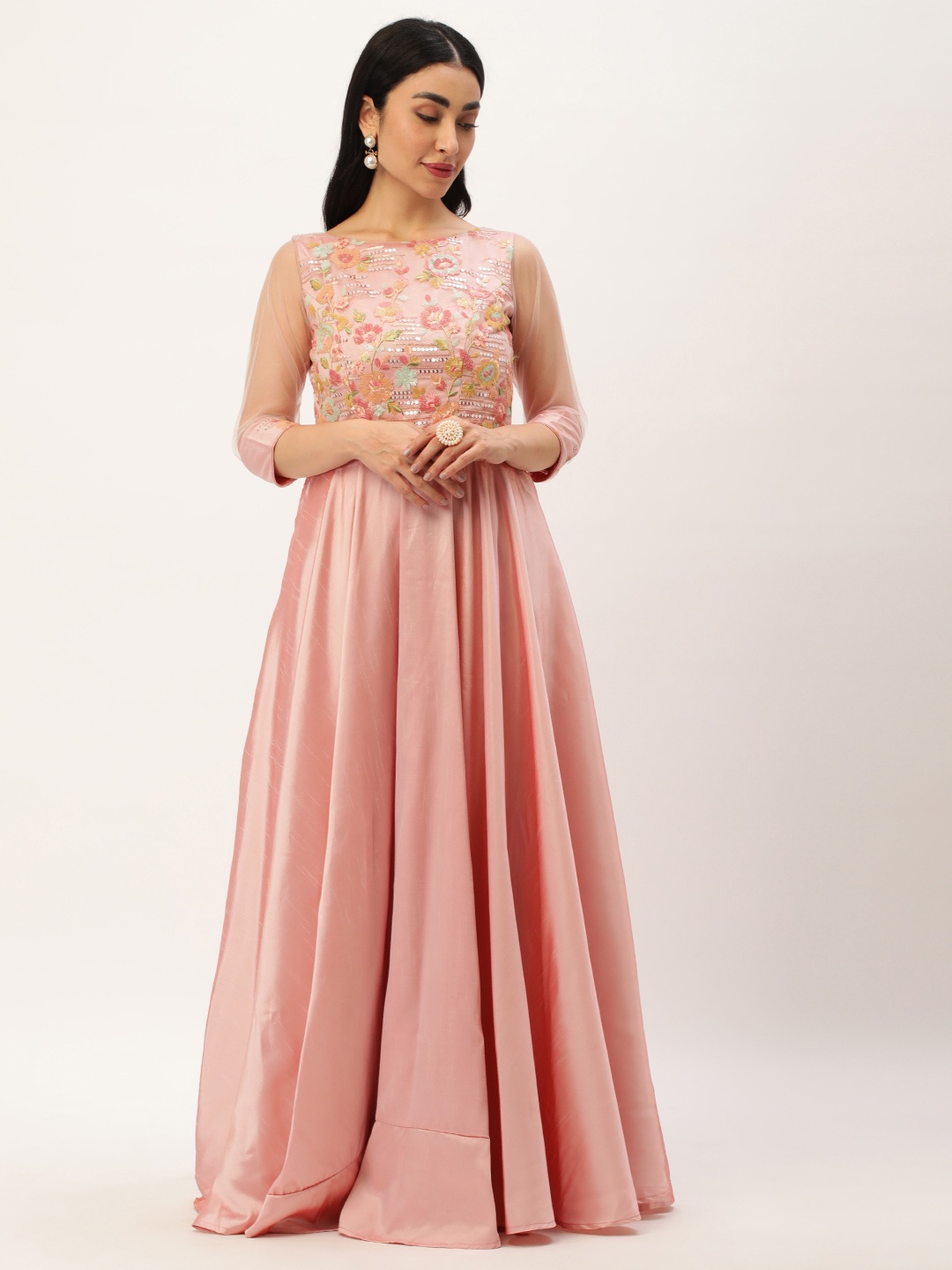 

Ethnovog Floral Embroidered Sequined Maxi Gown, Pink