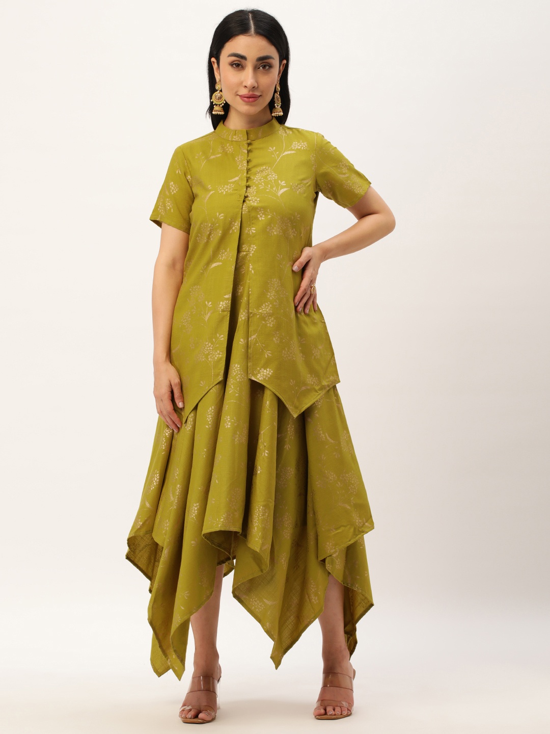 

Ethnovog Floral Print A-Line Midi Dress & Foil Print Jacket, Olive