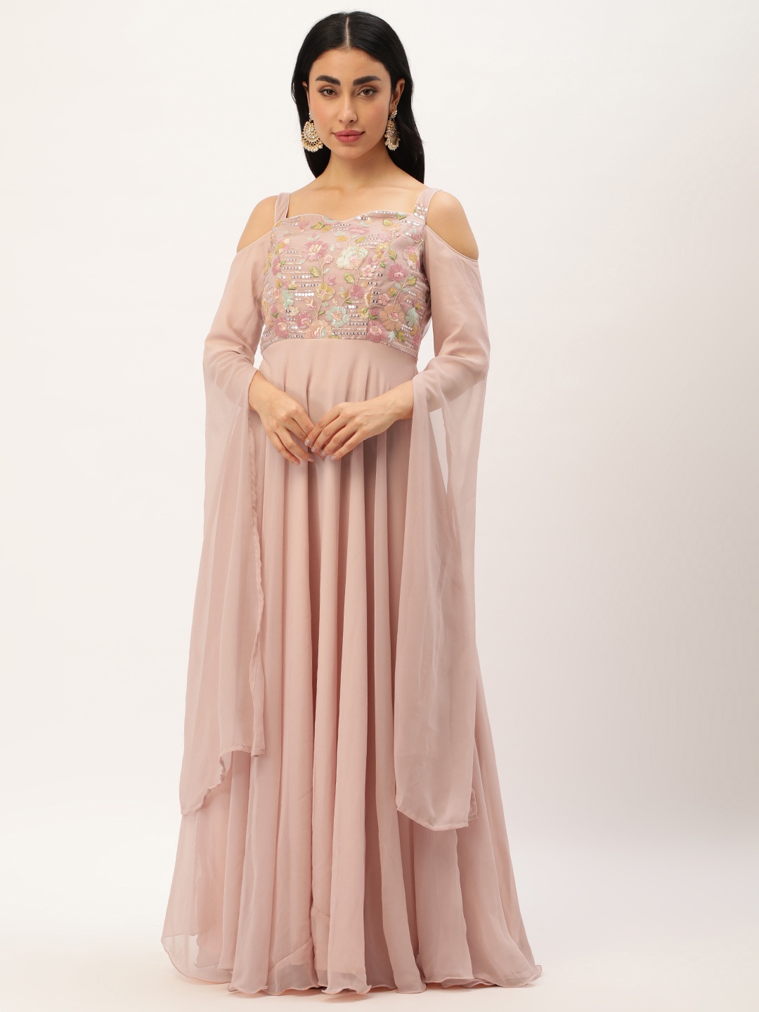 

Ethnovog Floral Embroidered Cold-Shoulder Georgette Maxi Dress, Peach