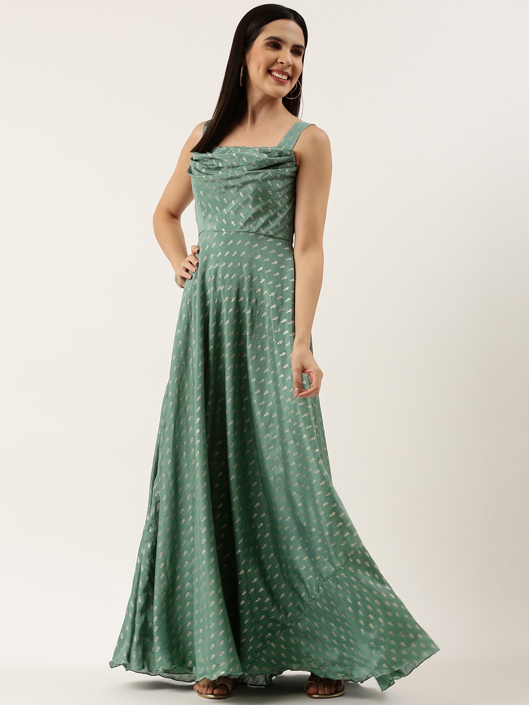 

Ethnovog Ethnic Motifs Foil Print Cowl Neck Maxi Ethnic Dress, Green