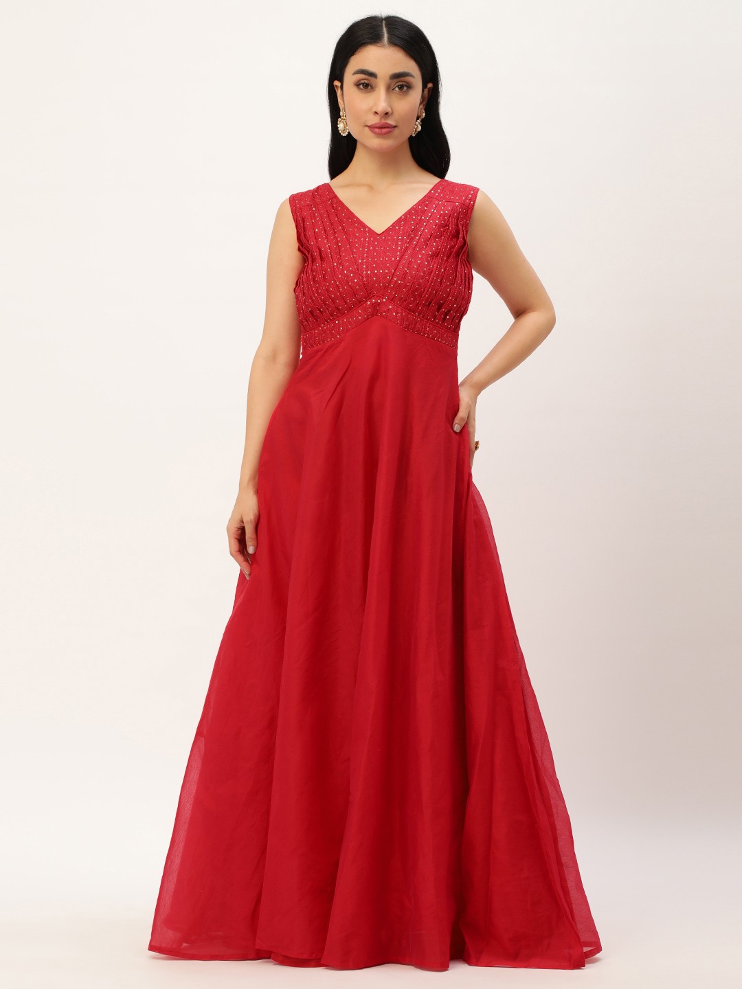 

Ethnovog Red Embellished Embroidered Sequinned Maxi Dress