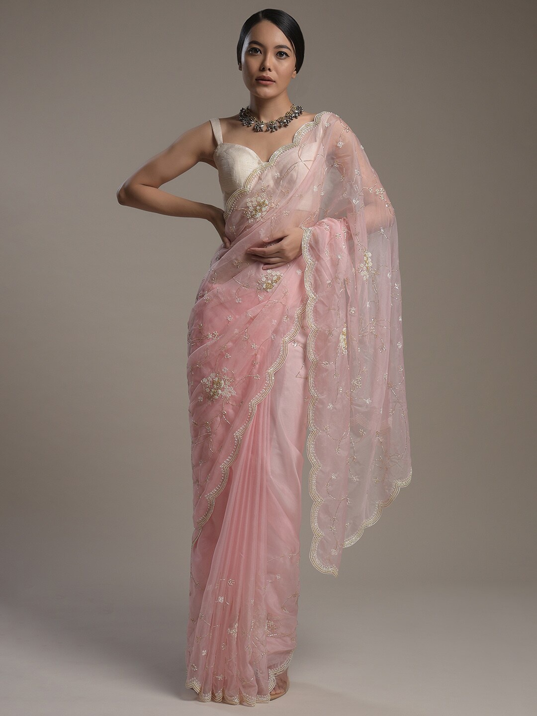 

KALKI Fashion Floral Beads and Stones Work Organza Saree, Pink