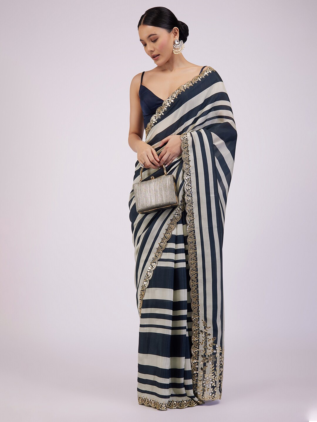 

KALKI Fashion Striped Sequined Silk Cotton Saree, Navy blue