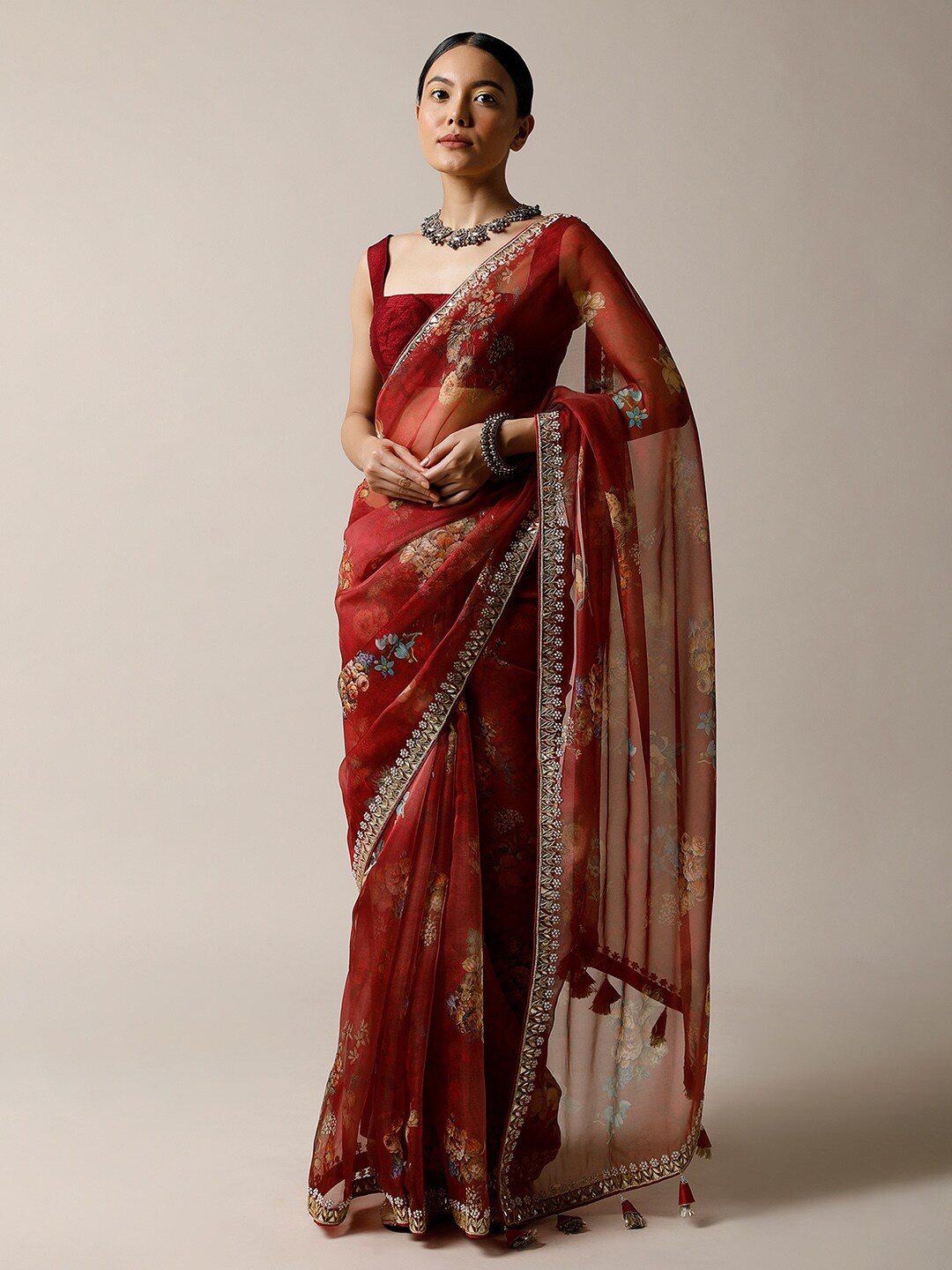 

KALKI Fashion Floral Printed Beads and Stones Organza Saree, Red