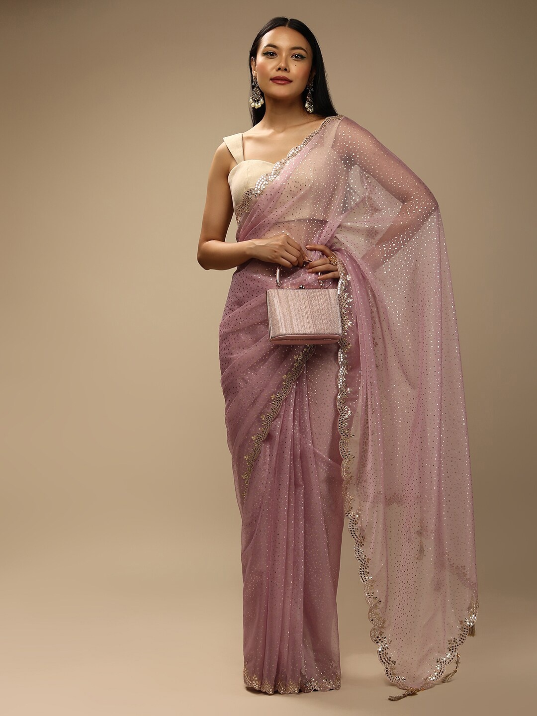 

KALKI Fashion Organza Foil Printed Mirror Embroidered Saree, Pink