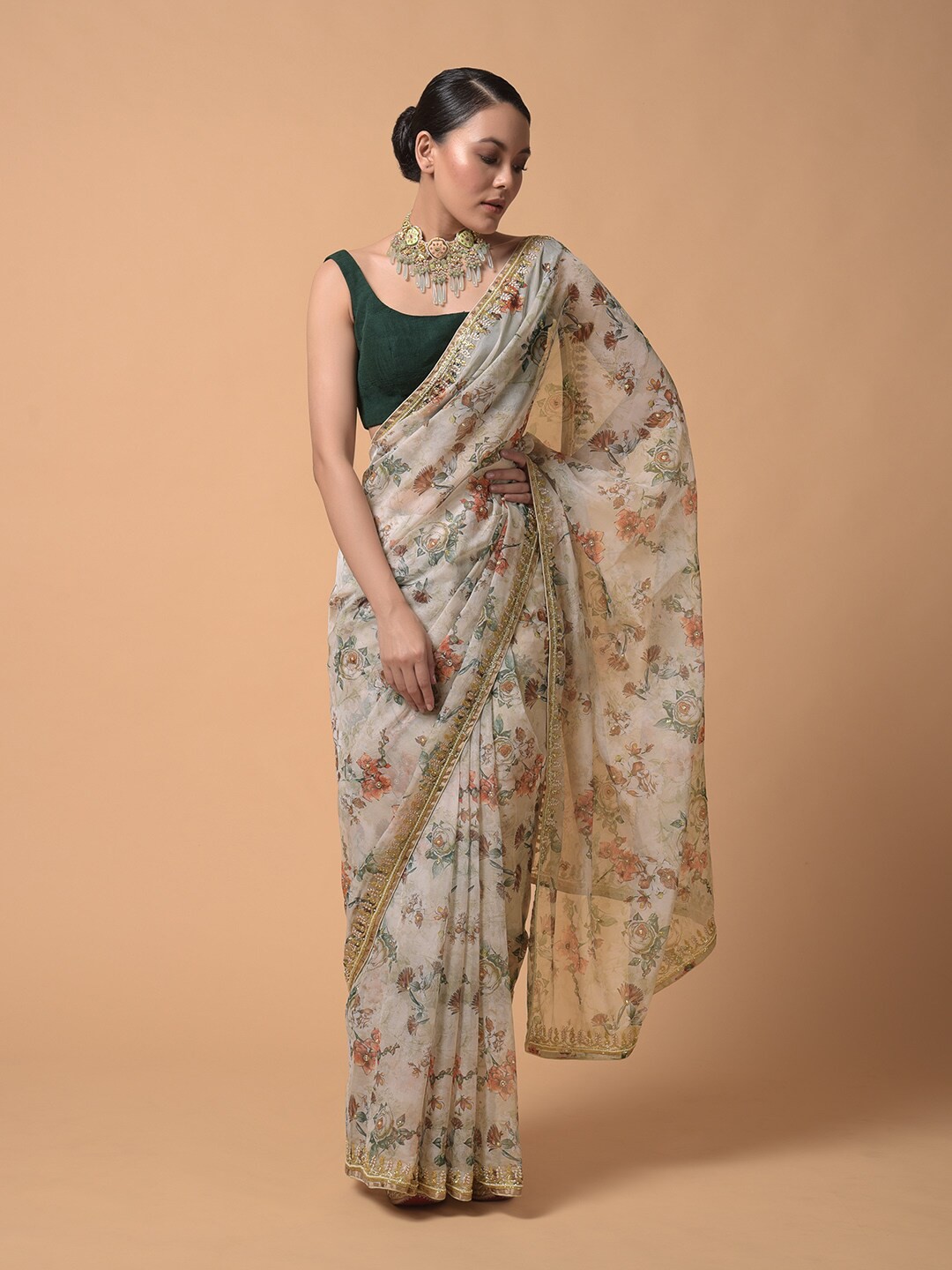 

KALKI Fashion Floral Woven Design Zari Embellished Saree, Off white
