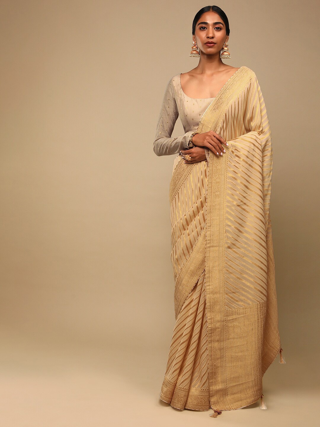 

KALKI Fashion Striped Zari Pure Georgette Saree, Cream