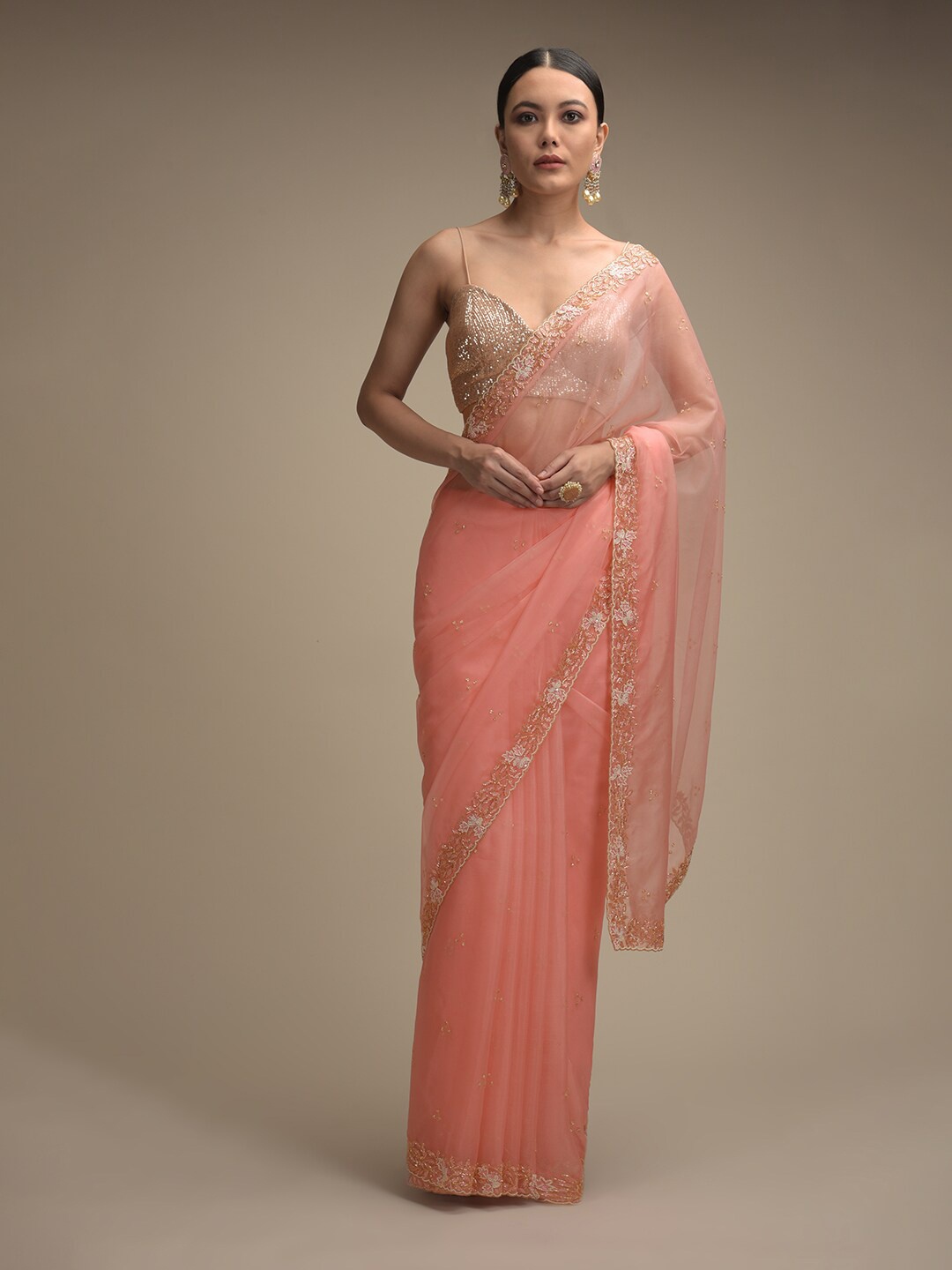 

KALKI Fashion Beads and Stones Embelished Organza Saree, Peach