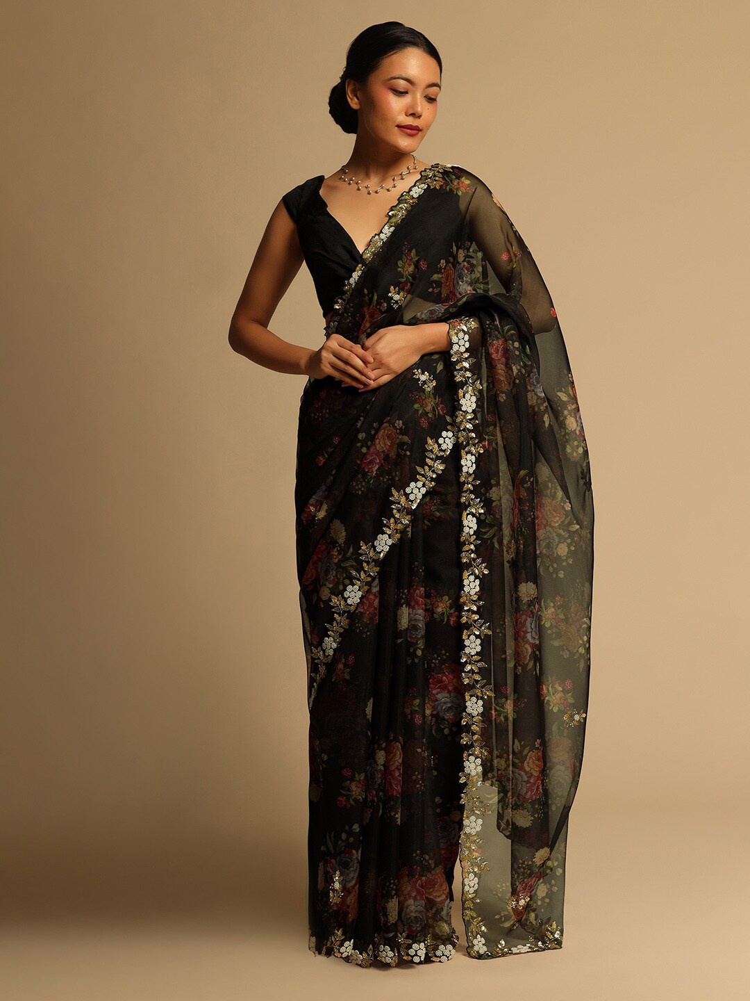 

KALKI Fashion Floral Printed Sequined Organza Saree, Black
