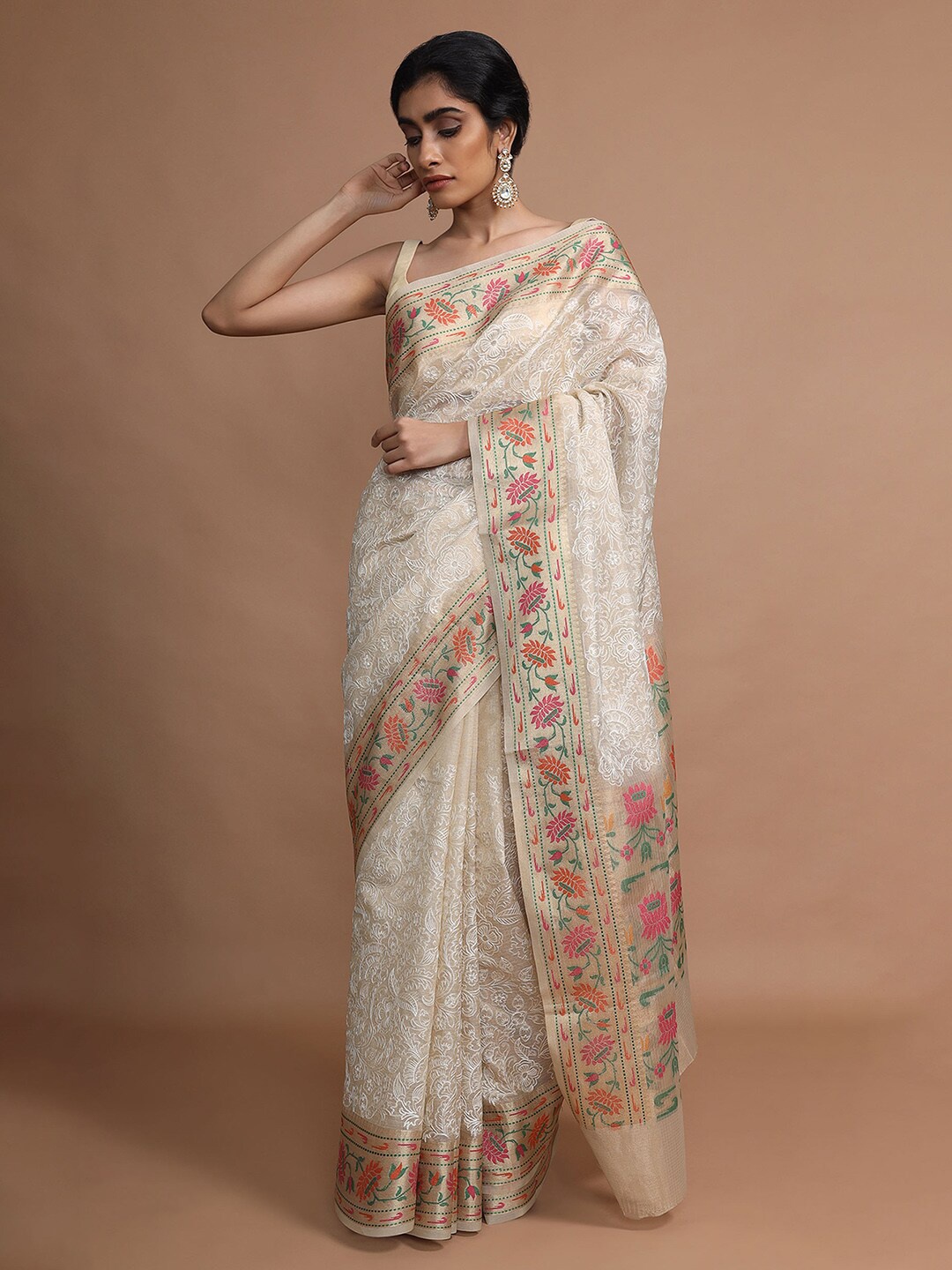 

KALKI Fashion Zari Kota Silk Floral Jaal Saree, Off white