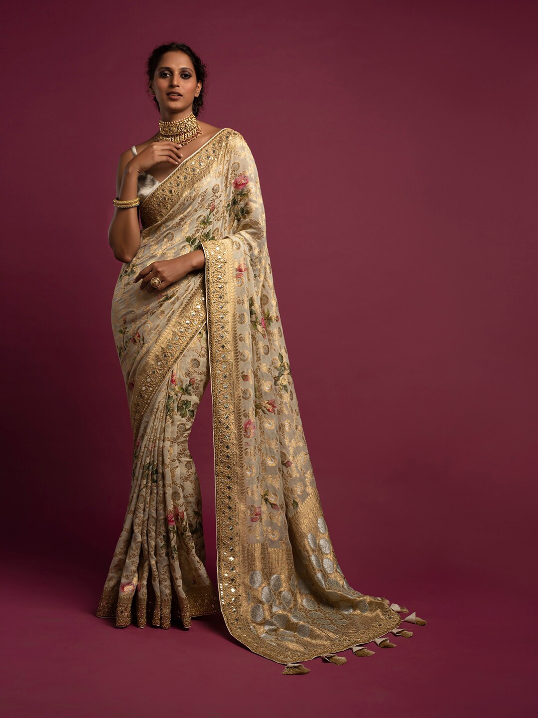 

KALKI Fashion Floral Woven Design Embroidered Pure Georgette Saree, Beige