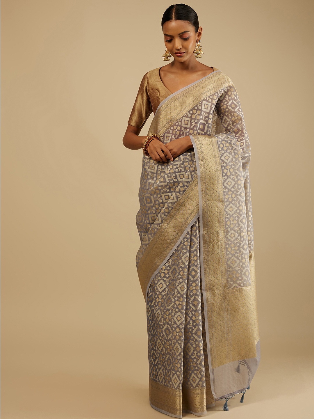 

KALKI Fashion Ethnic Motif Woven Design Zari Pure Silk Saree, Grey