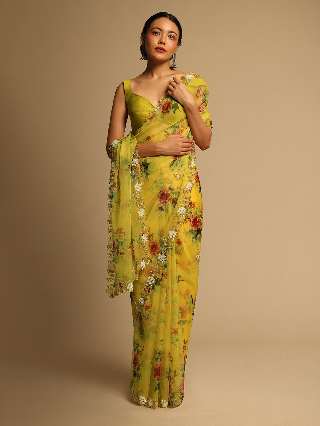 

KALKI Fashion Floral Printed Beads and Stones Organza Saree, Yellow