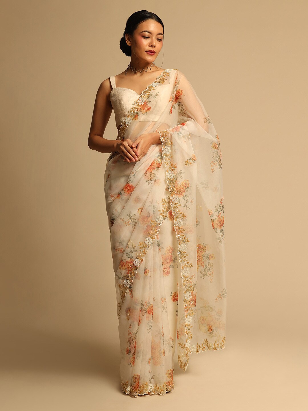 

KALKI Fashion Floral Printed Beads and Stones Organza Saree, Off white