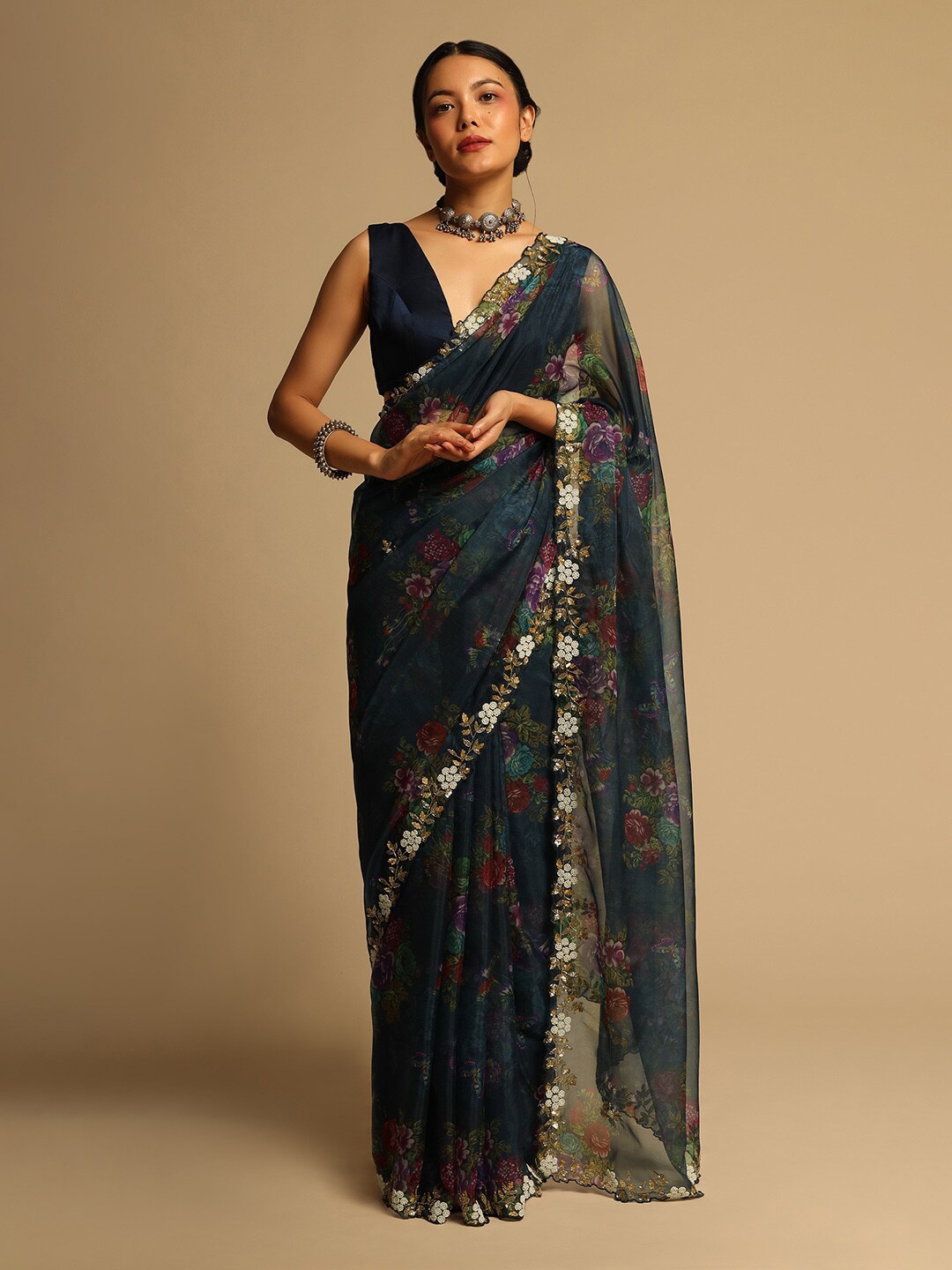 

KALKI Fashion Floral Printed Sequined Organza Saree, Navy blue