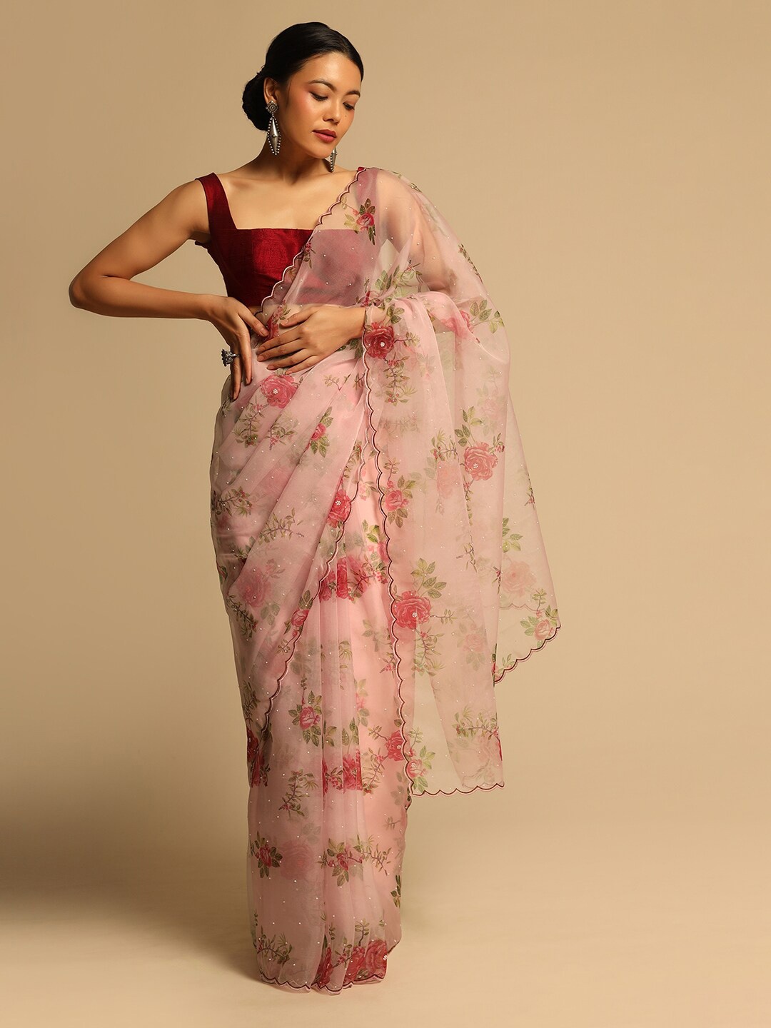 

KALKI Fashion Floral Printed Bead Work Organza Saree, Pink