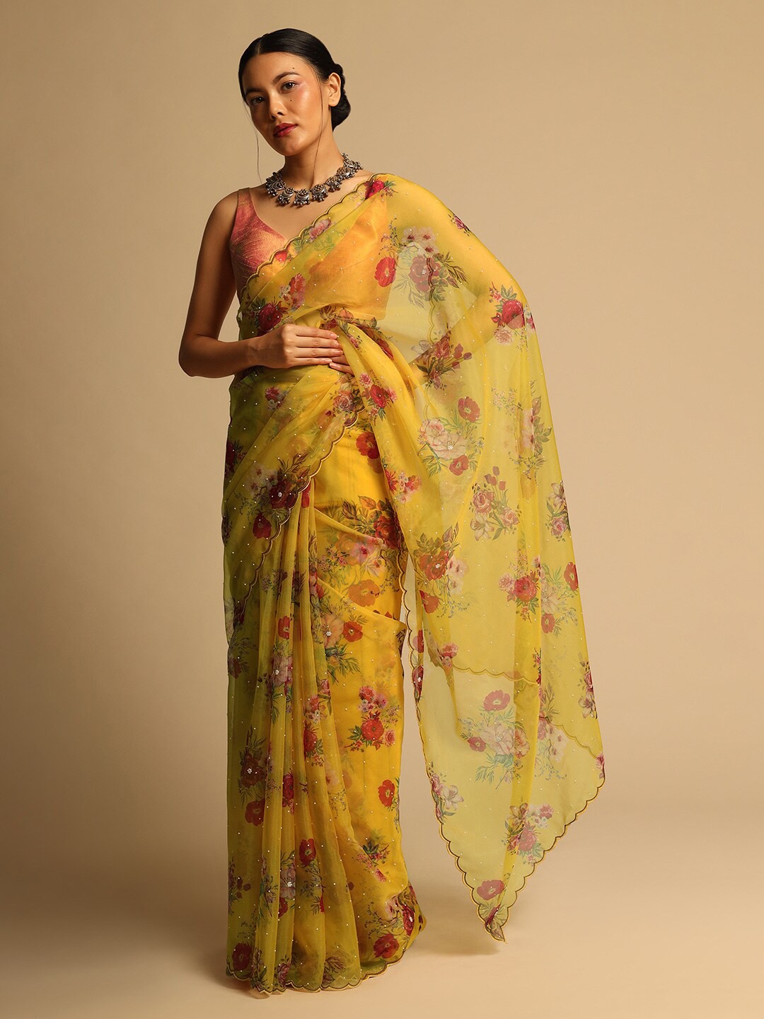 

KALKI Fashion Floral Printed Beads and Stones Organza Saree, Yellow